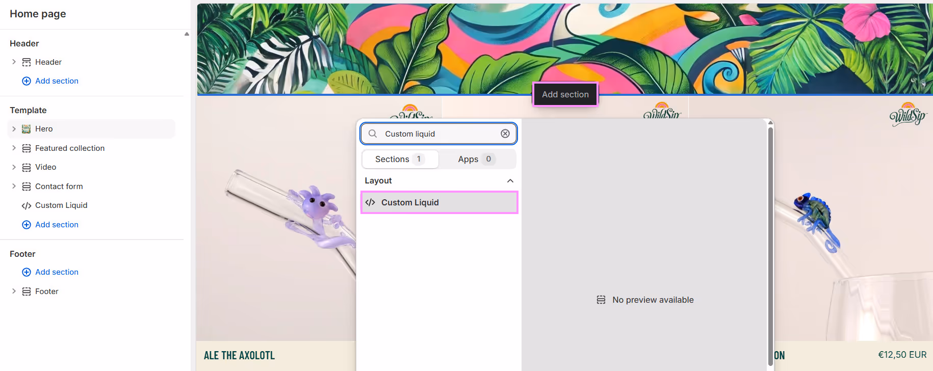 Shopify theme editor showing how to add a store locator by clicking Add section, then selecting the Custom liquid option to insert the MapCosmos widget.