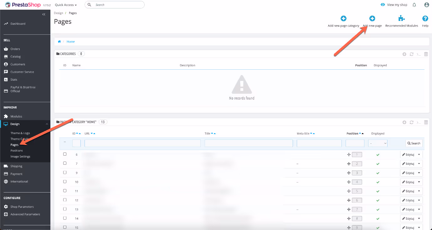 PrestaShop CMS pages list showing the option to add a new page for displaying the MapCosmos store locator.