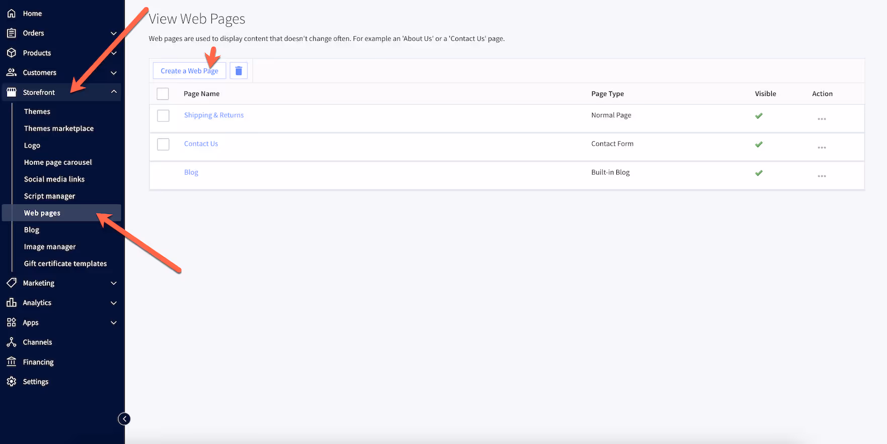 how to create Web Page in BigCommerce