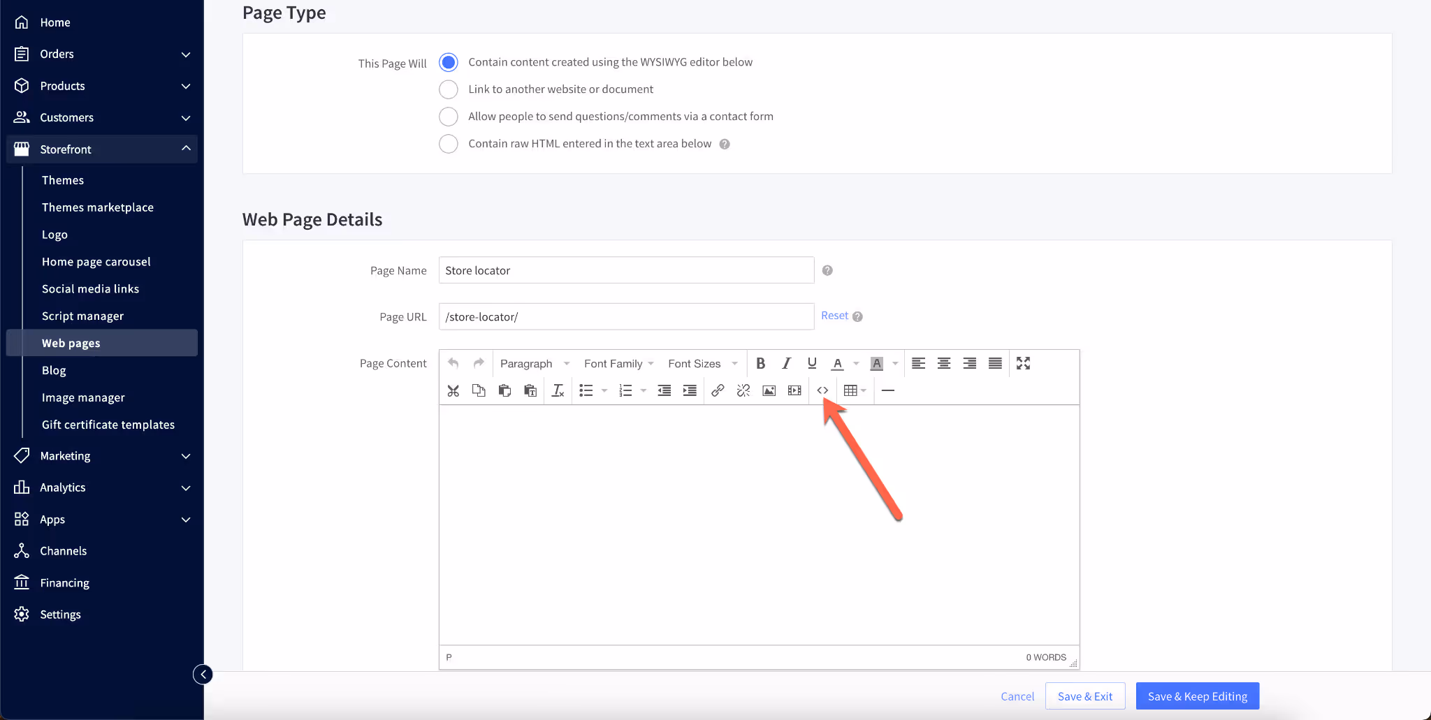 how to switch to the HTML vie in BigCommerce