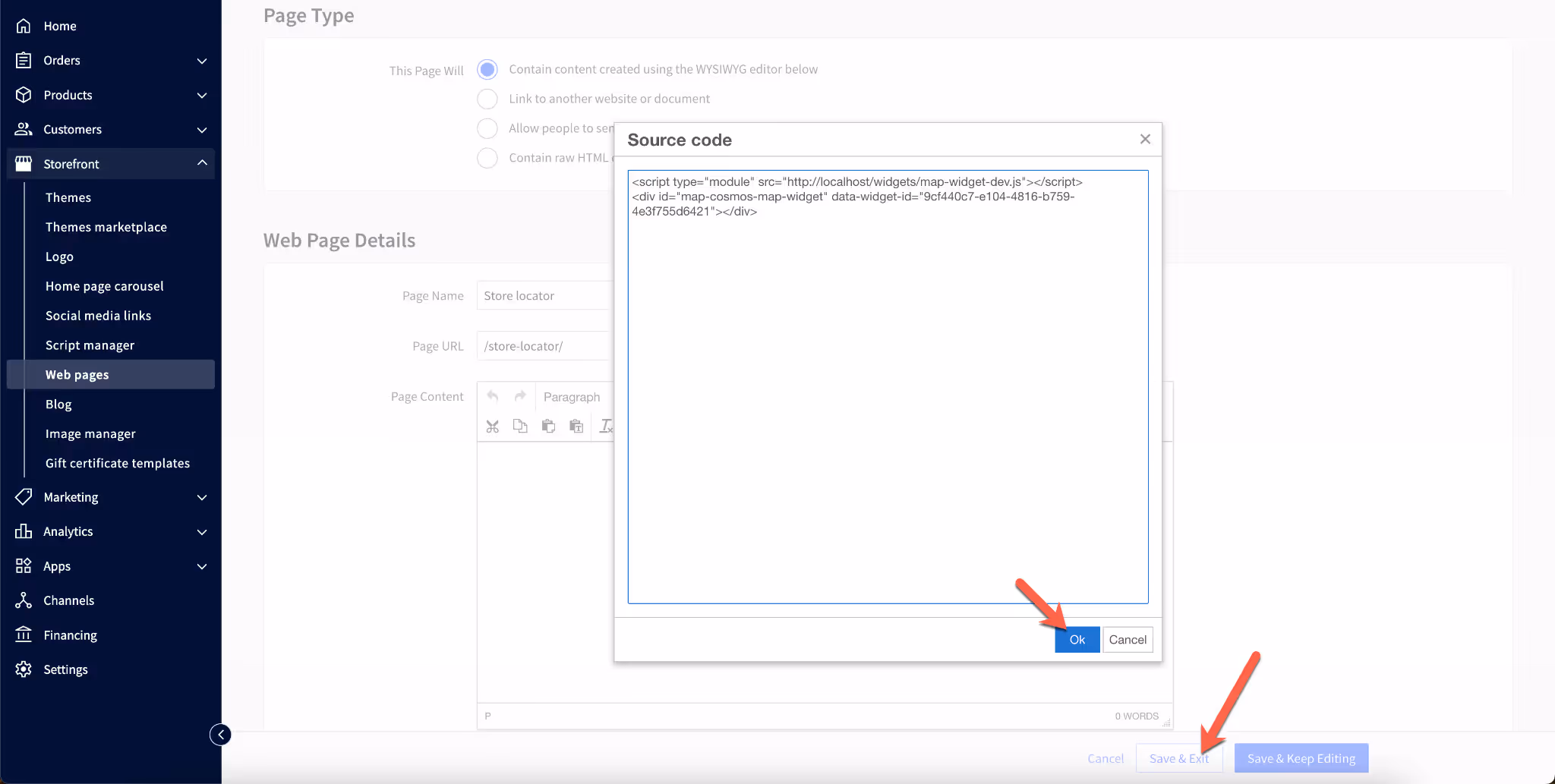 where to add embed code for Store Locator in BigCommerce