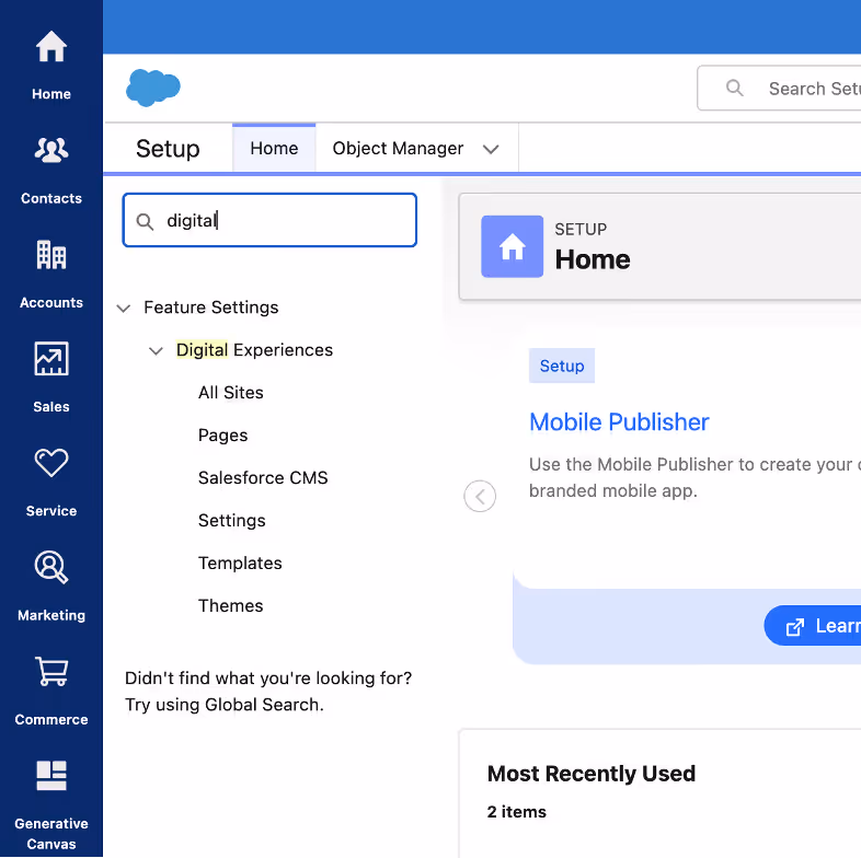 Screenshot of Salesforce Setup navigation panel showing the path to Digital Experiences and All Sites for managing Experience Cloud pages.