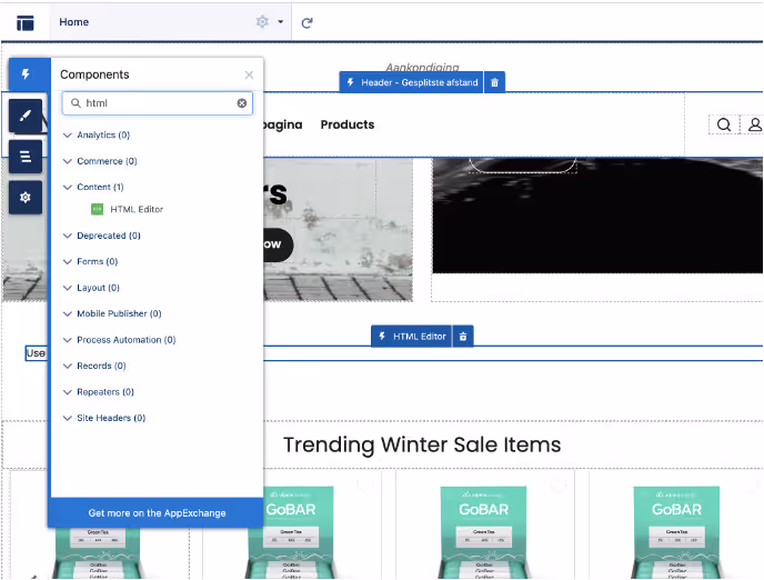 Salesforce Experience Builder showing navigation to the Find a Store page to add a store locator component on a Salesforce site.