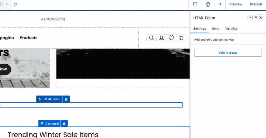 Salesforce Experience Builder interface with the Components panel open, showing how to search for and drag the HTML Editor to embed a store locator widget on a Salesforce page.