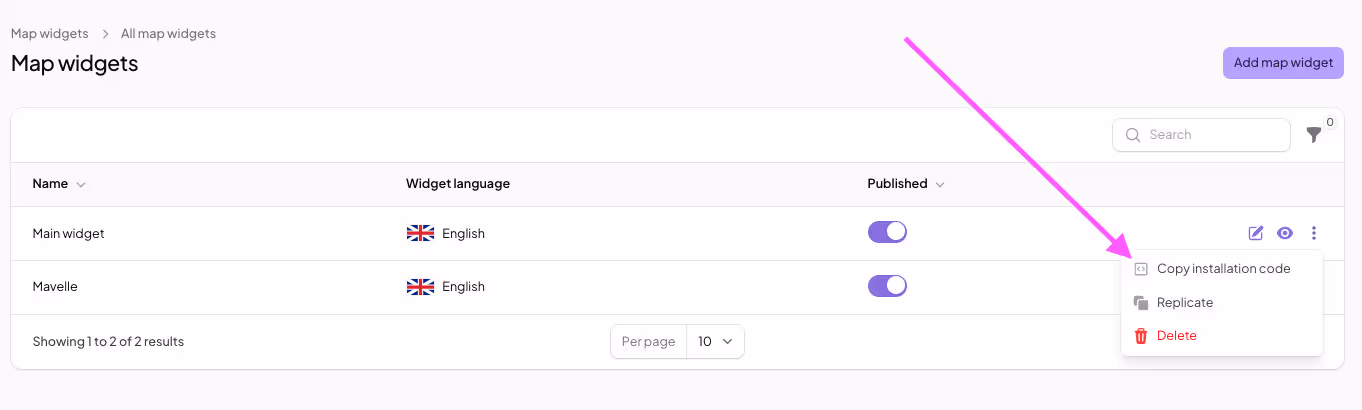 Screenshot of the store locator panel showing where to copy the installation code for MapCosmos store locator.