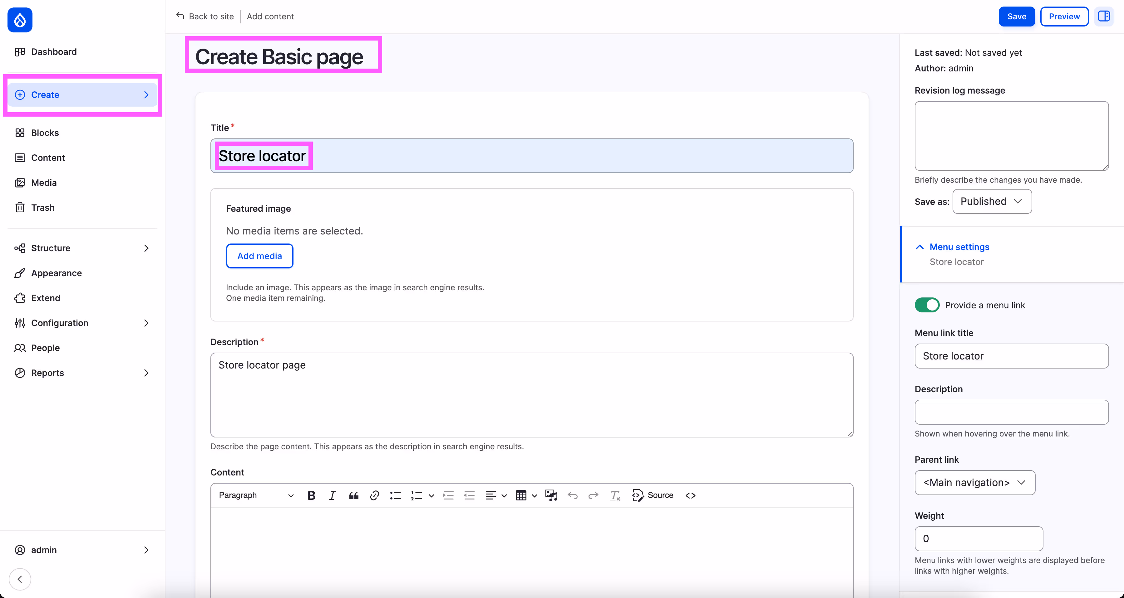 Drupal admin interface showing how to add a new Basic Page for Store Locator.