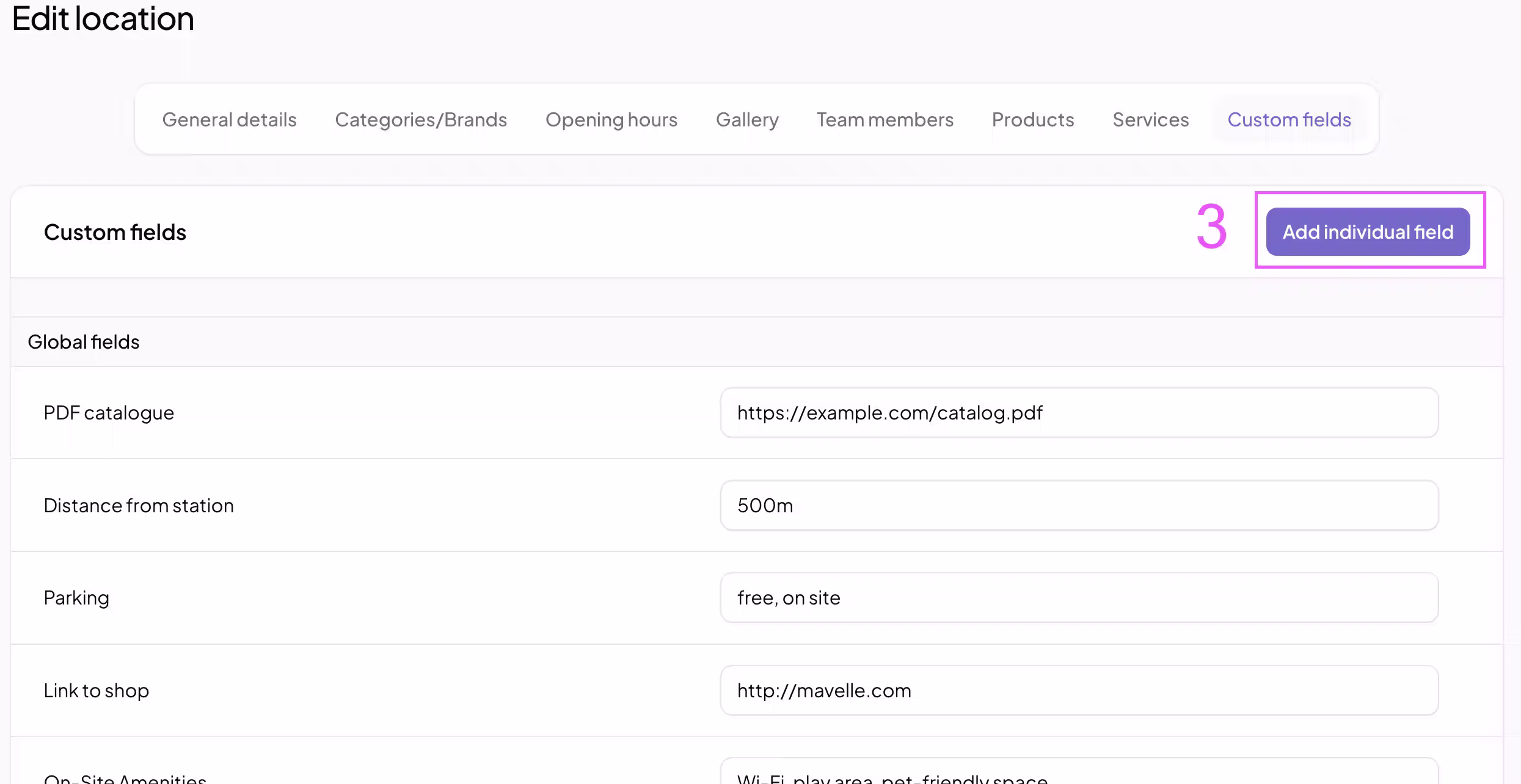 Custom field settings panel for a store locator, including input type selection, labels, and visibility options.