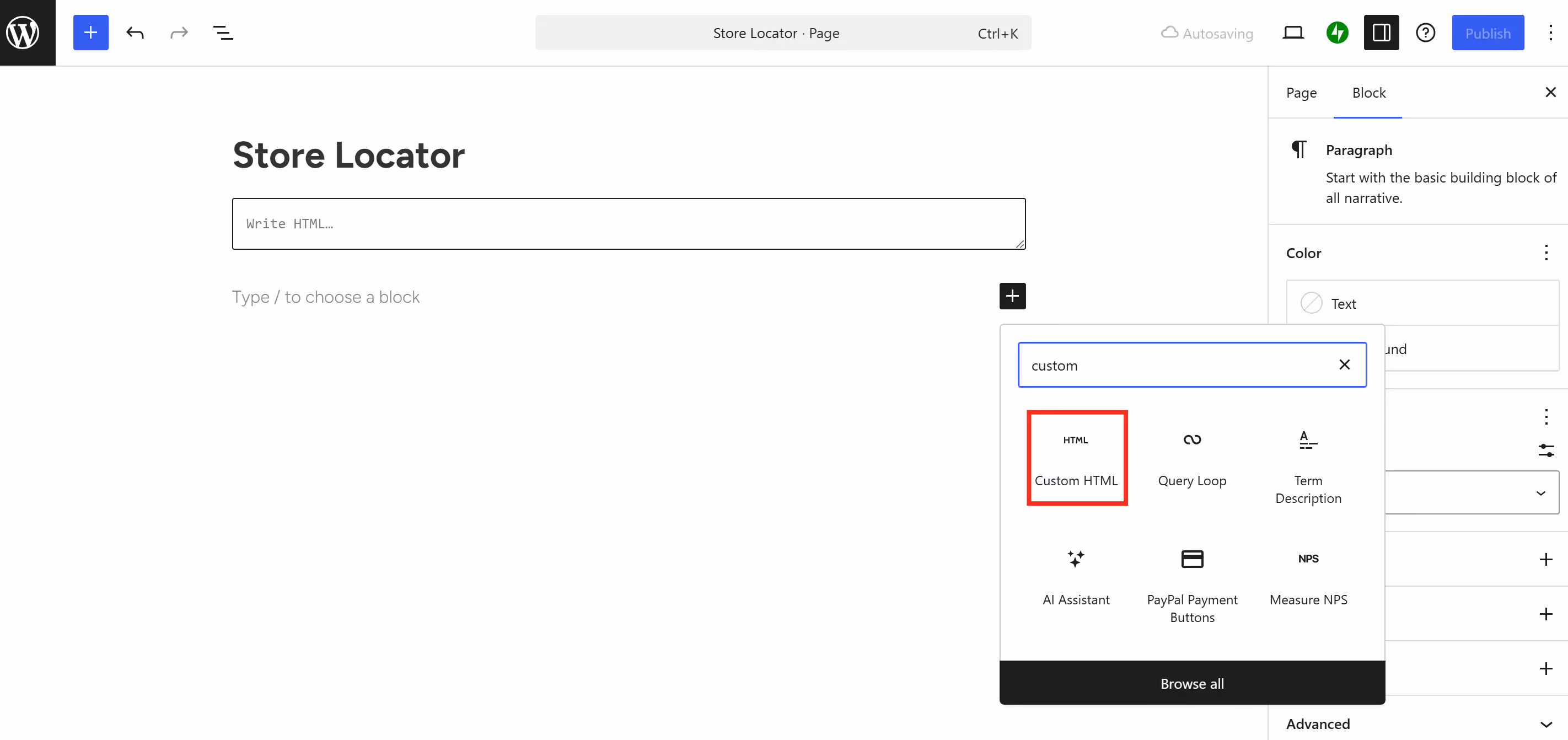 wordpress admin panel showing where to embed the store locator widget on your website.