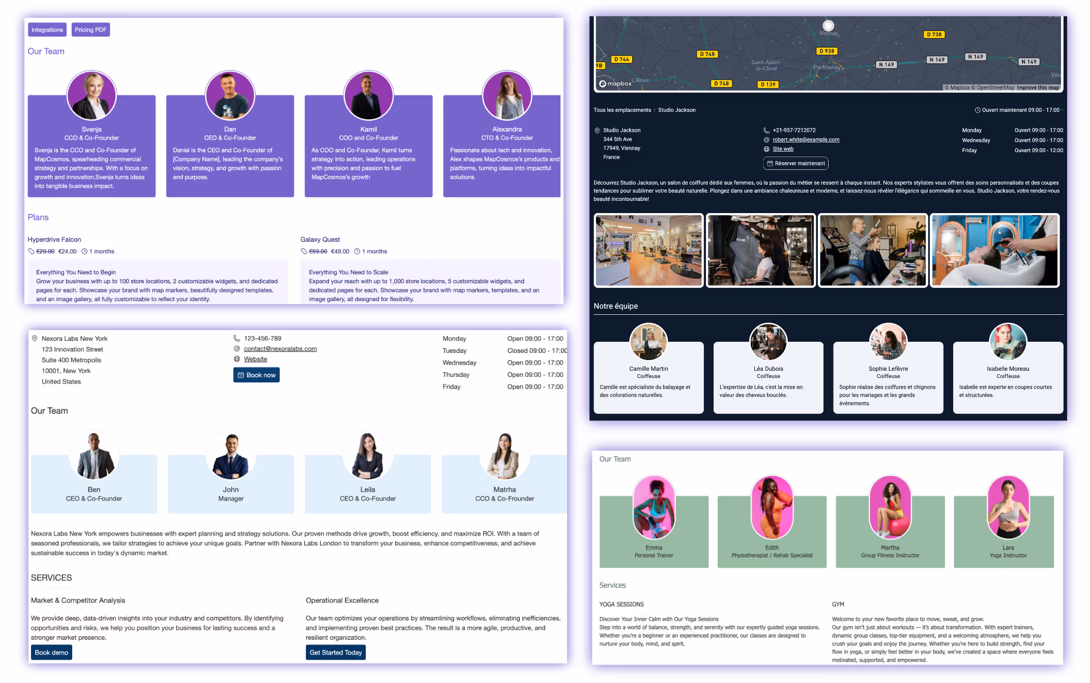 Screenshot showing customized store locator landing pages for different locations, each with unique URLs, city names, contact details, and optimized SEO content created by the Mapcosmos Store locator AI assistant..