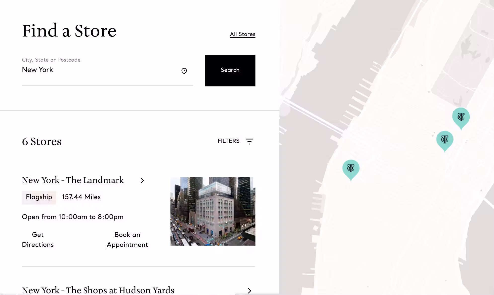 Screenshot of the Tiffany & Co. store locator page showing boutique locations and map view, featured in Top Store Locator Examples article.