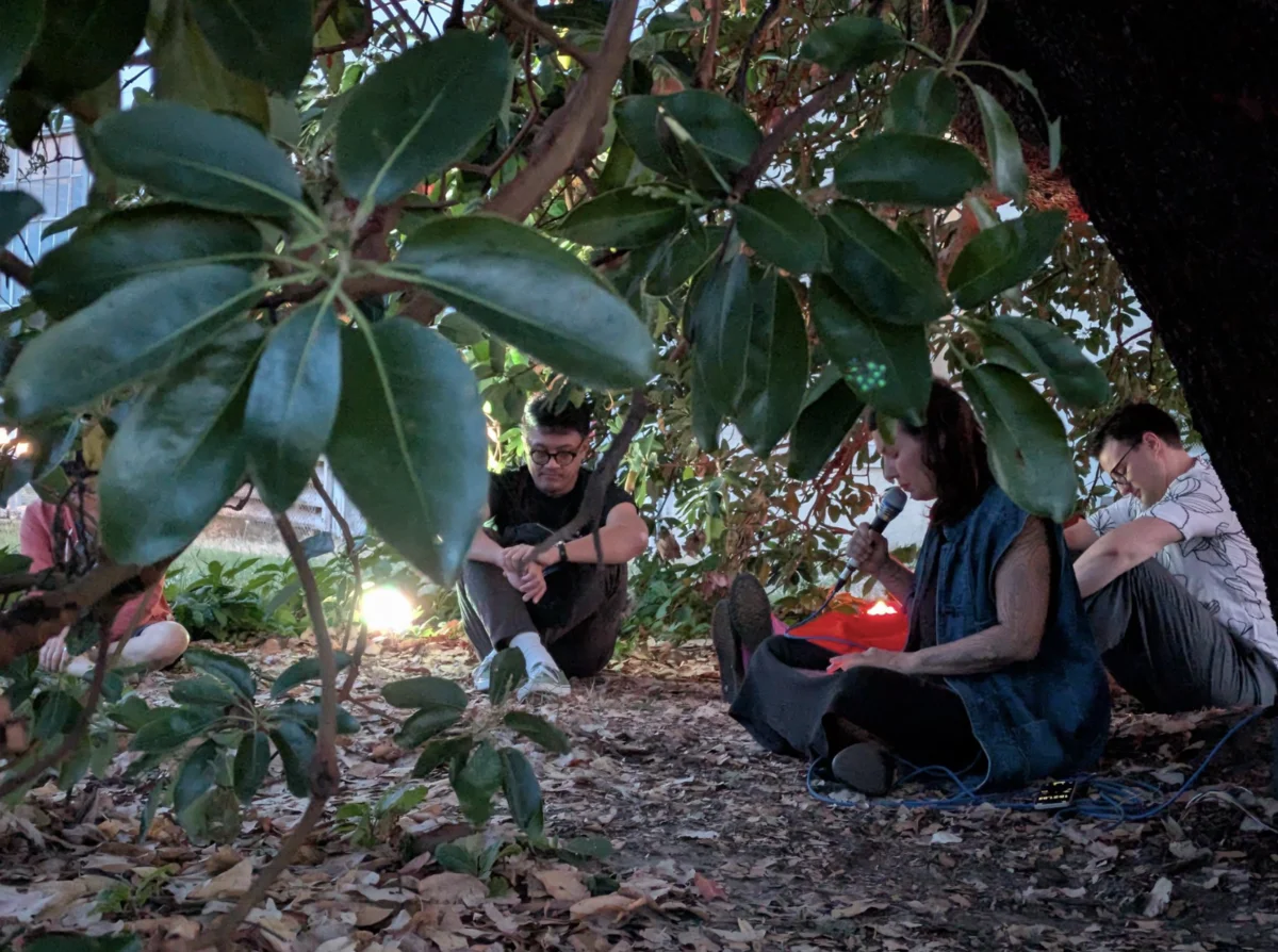 Maria performing with two other persons under the tree