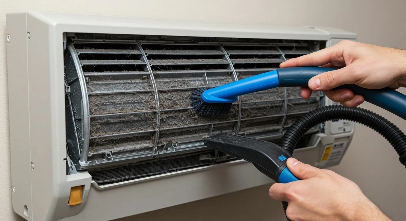 A person's hands are using a blue and black vacuum attachment with a brush to clean a heavily dust-laden air conditioning unit's filter and internal vents.