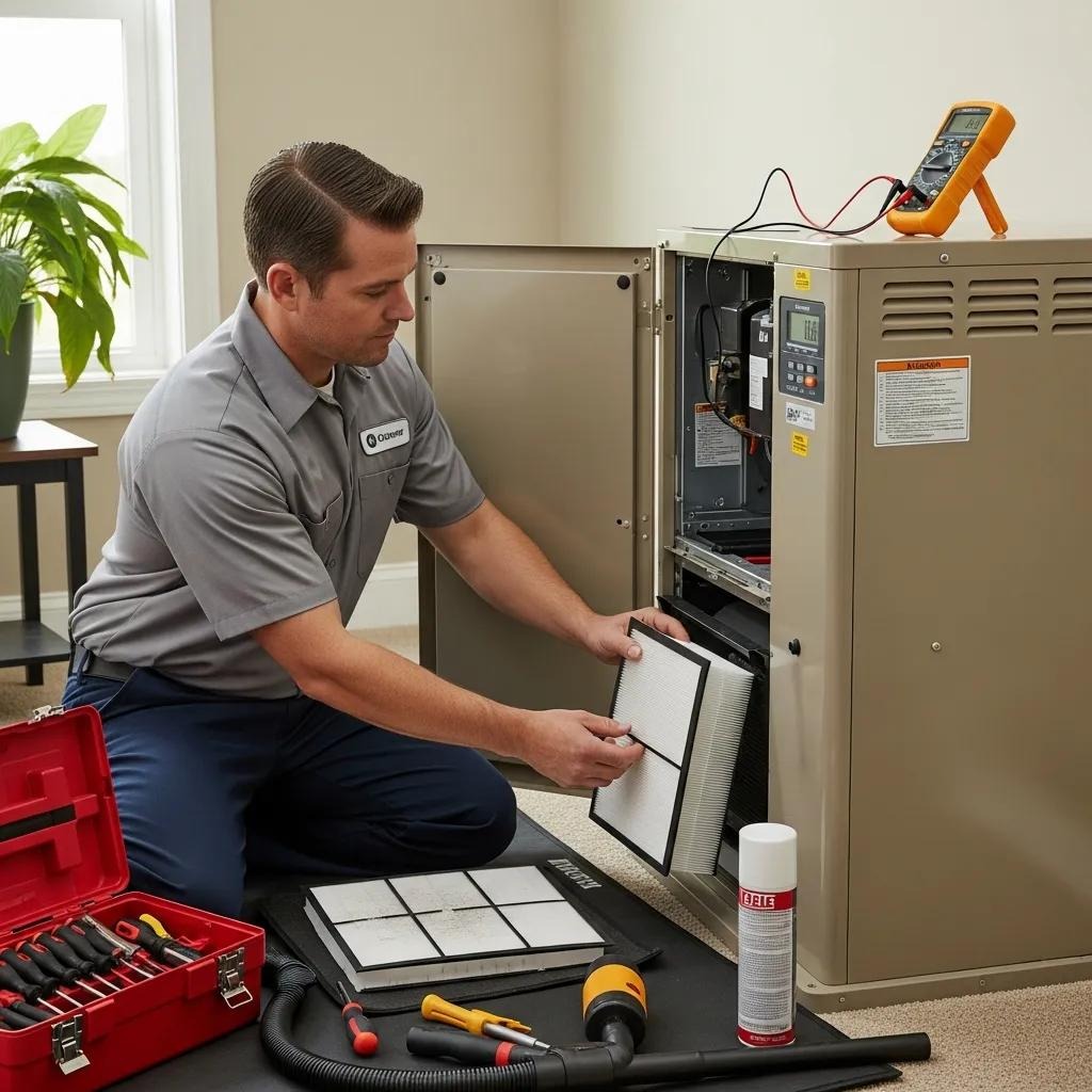 Technician servicing HVAC unit to improve efficiency and reduce energy use