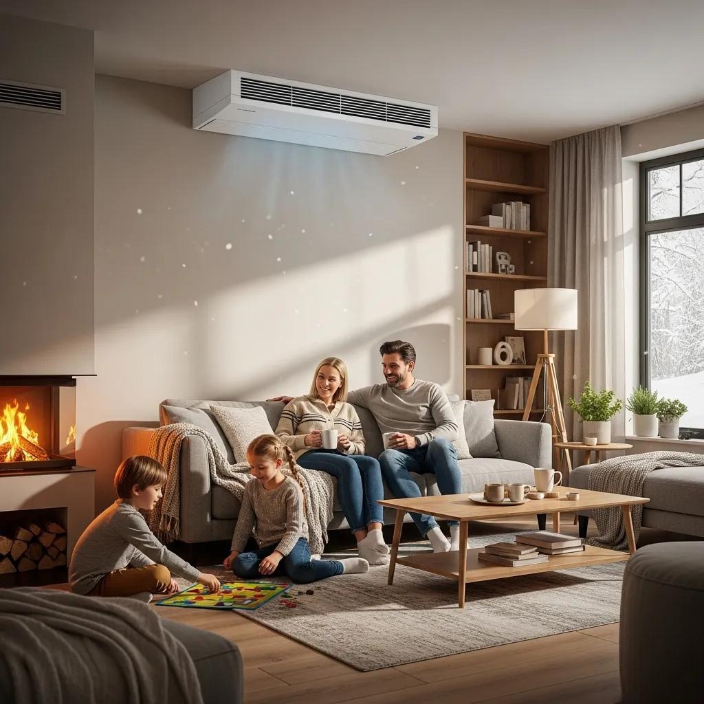 Air Rite technician next to a modern HVAC system in a comfortable San Luis Obispo living room