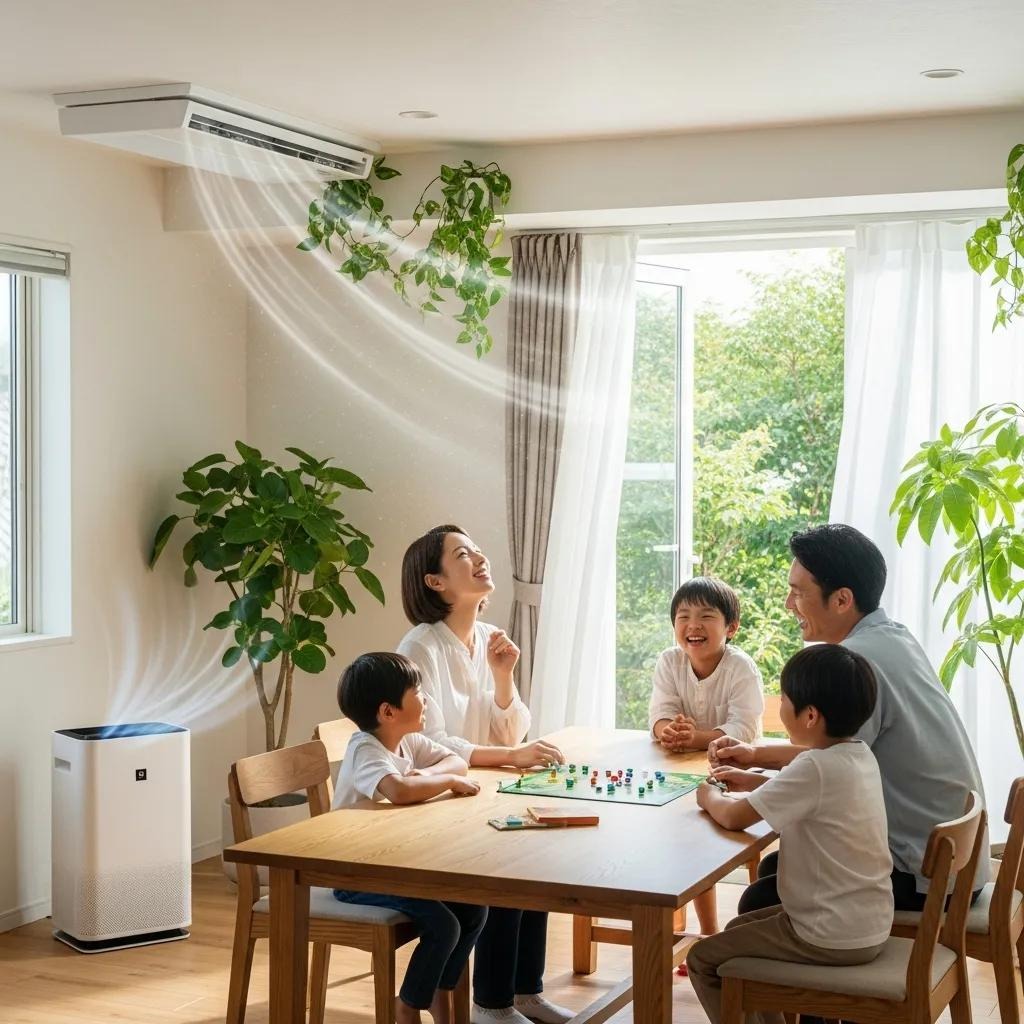Family enjoying cleaner indoor air with an air purifier and improved ventilation