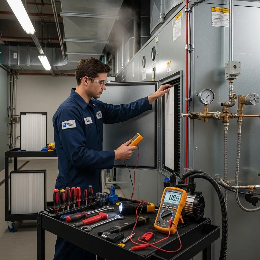 Technician performing HVAC maintenance to enhance energy efficiency and reduce costs