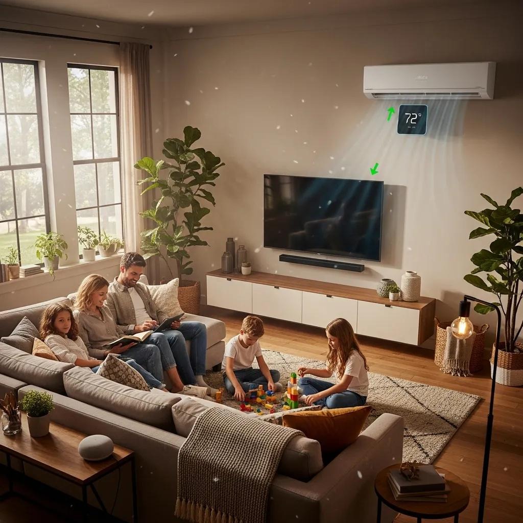 Cozy living room with modern HVAC system highlighting energy efficiency and comfort