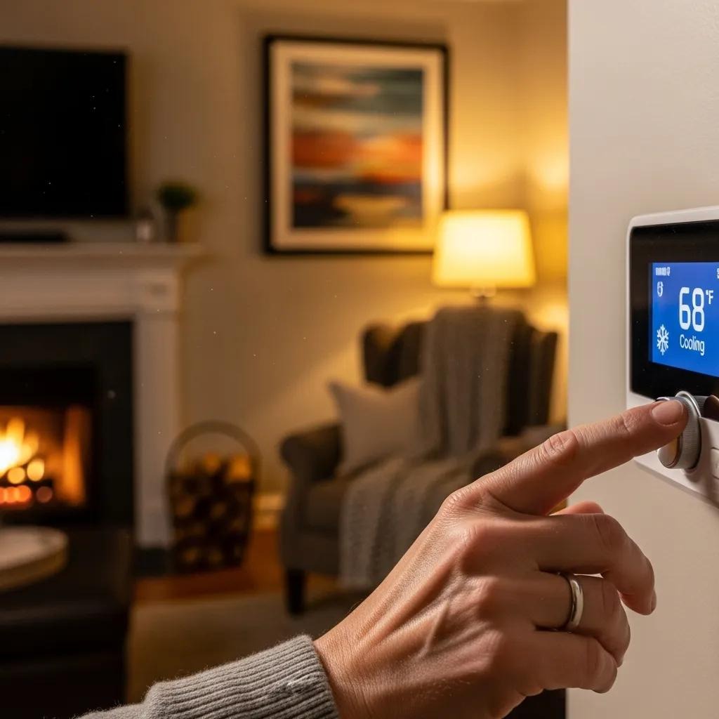Homeowner adjusting a thermostat to troubleshoot HVAC issues