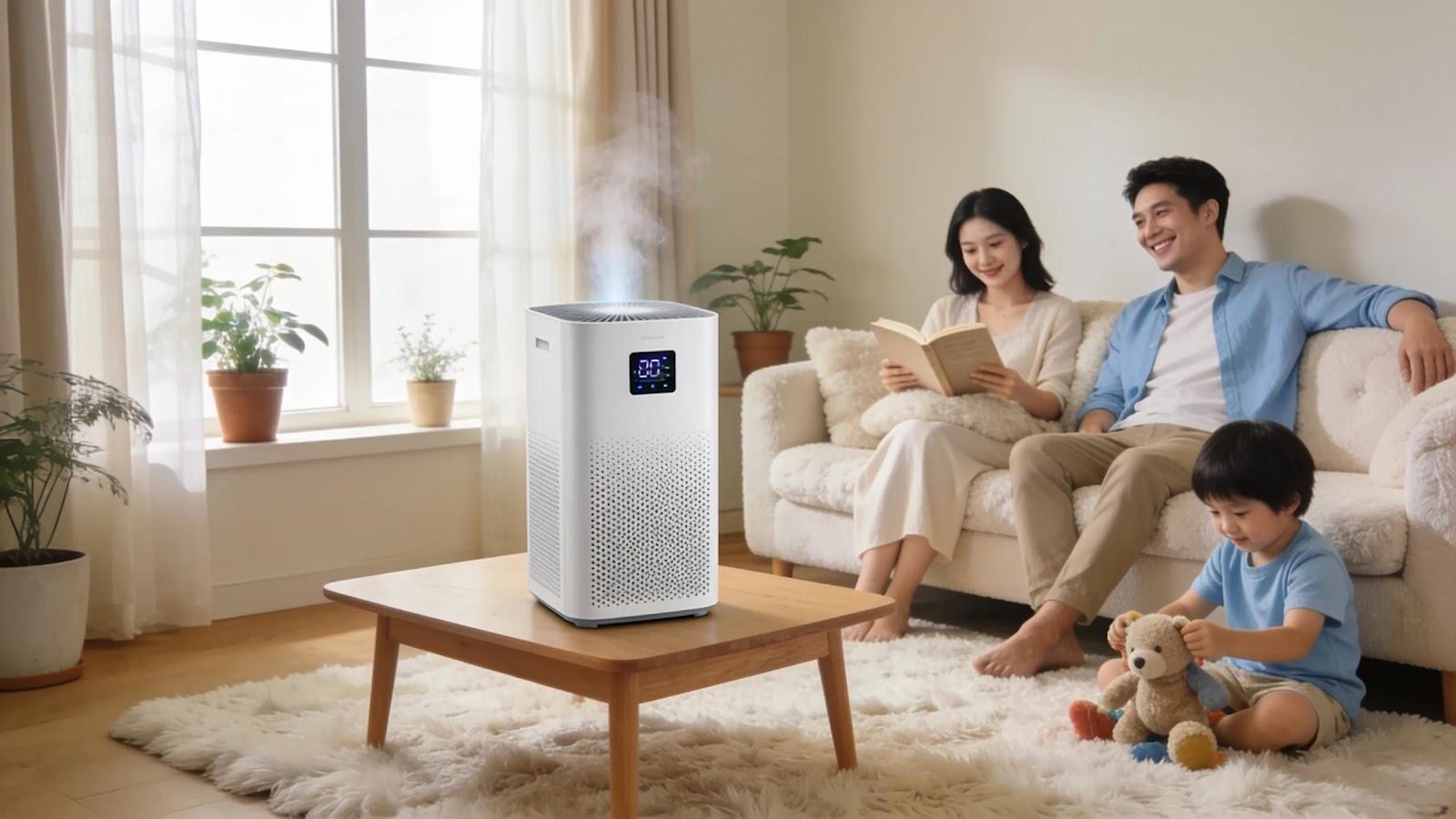 Modern air purifier in a bright living room promoting healthy indoor air quality