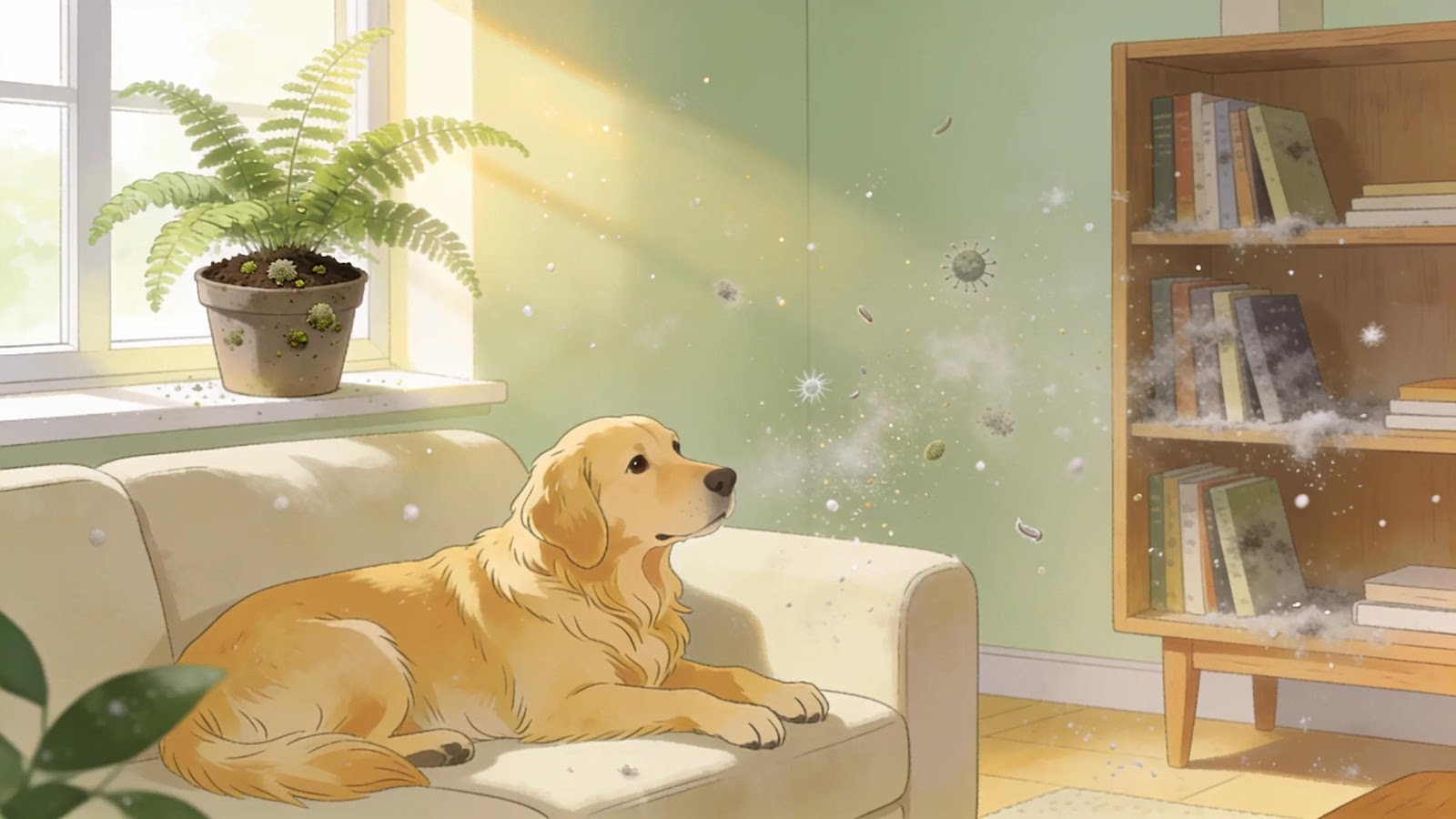 Illustration of common indoor air pollutants like dust, mold, and pet dander in a home environment