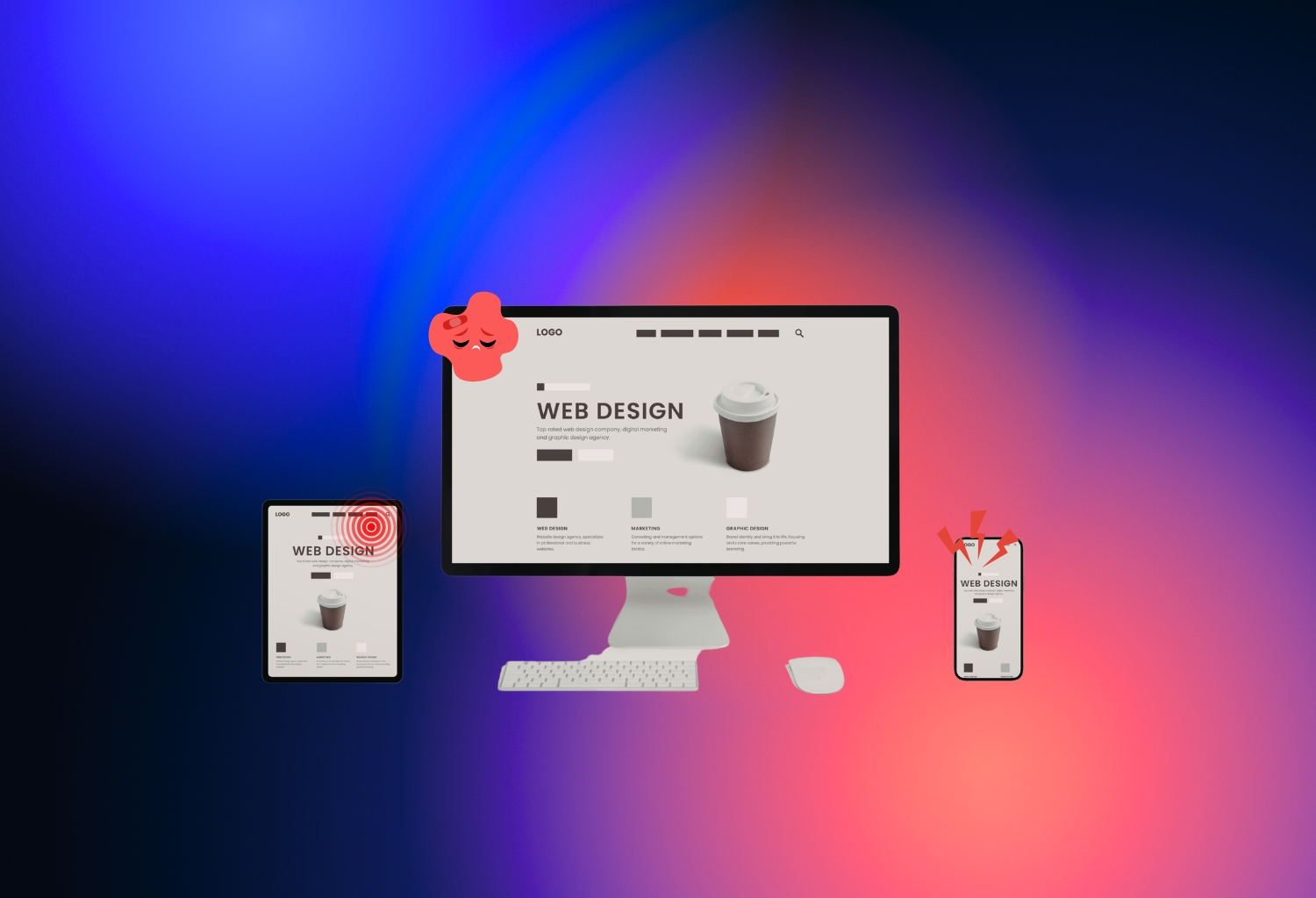 Webseite zu sehen mit einer visuellen Darstellung eines Pain Points. Pflaster als Pain Indikator auf dem Bildschirm. Druckpunkte als Point Visualisierung auf dem Handy