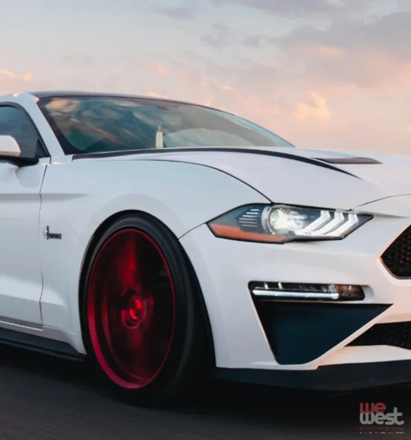 Gros plan d’une Ford Mustang blanche, véhicule typique pour un road trip