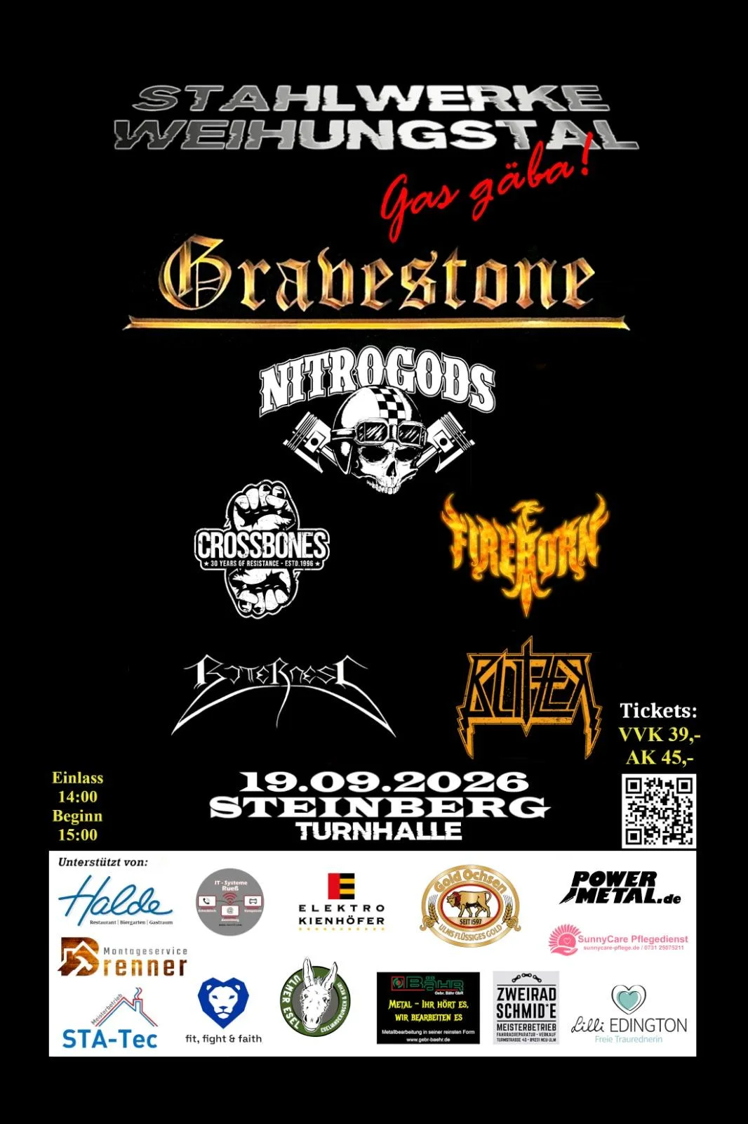 Plakat Stahlwerke Weihungstal Festival am 19.09.2026 in der Turnhalle Steinberg mit Gravestone, Nitrogods, Crossbones, Fireborn, Bitterness und Blitzer
