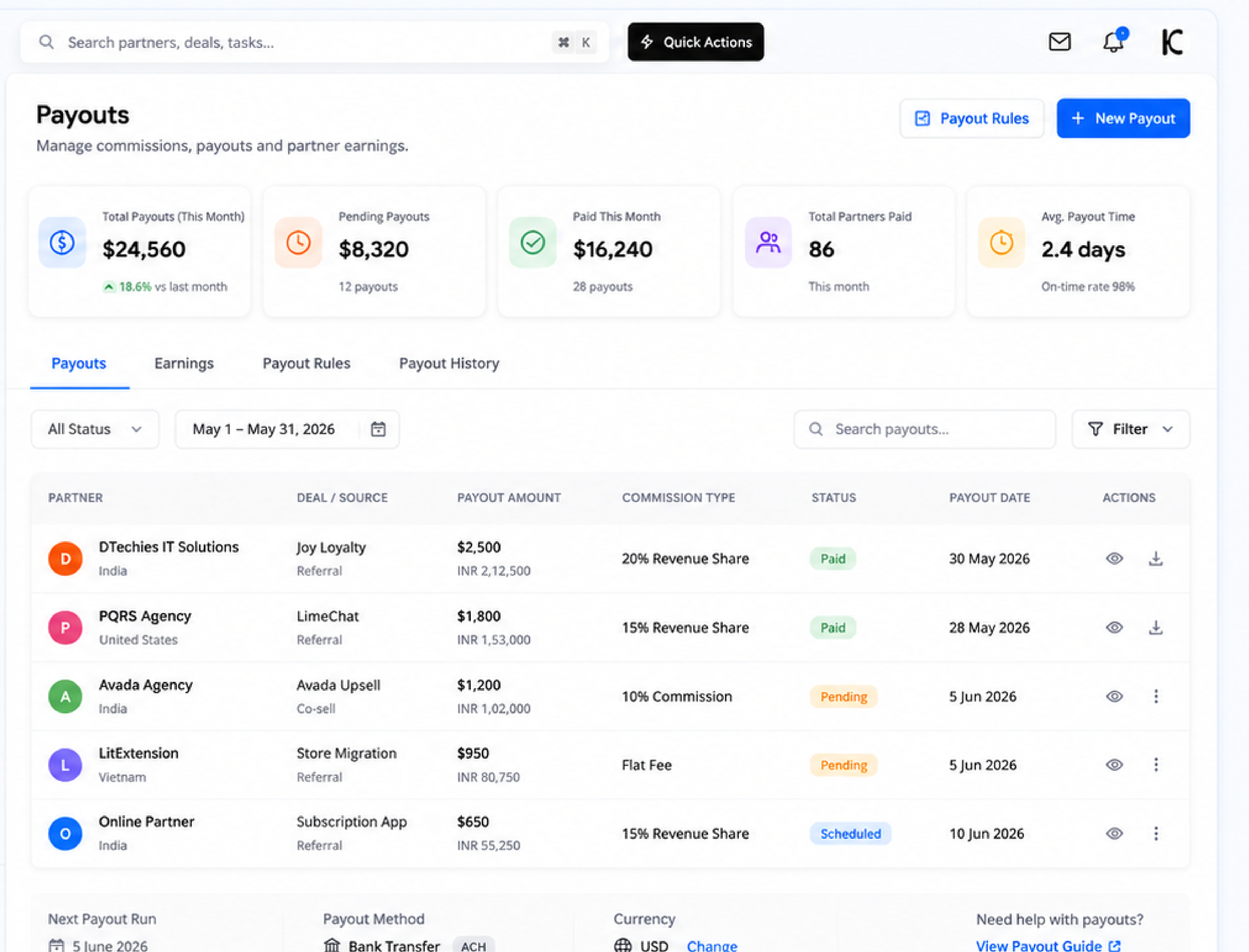 Krutva payouts dashboard showing commissions and payout status
