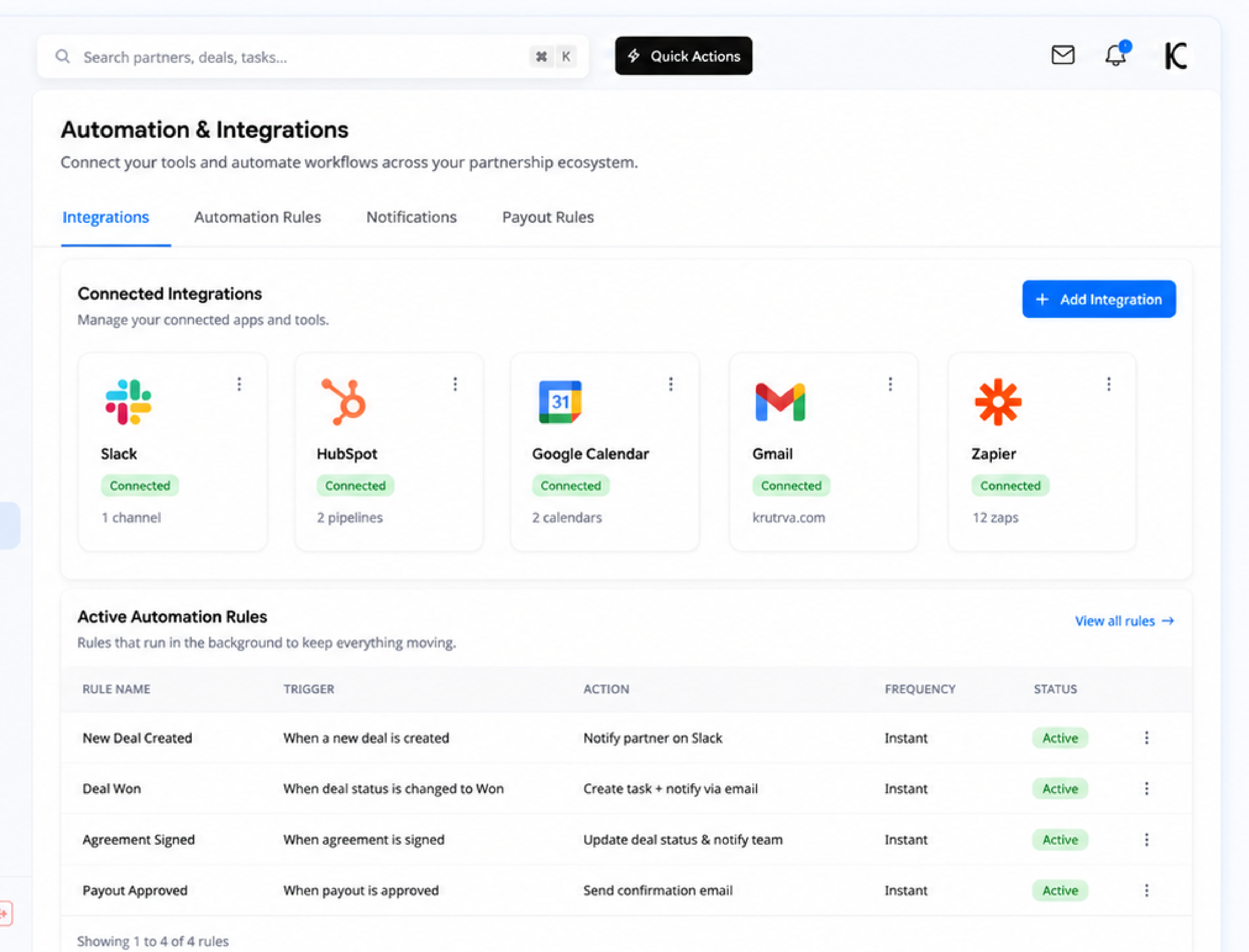 Krutva automation rules and connected integrations like Slack and HubSpot