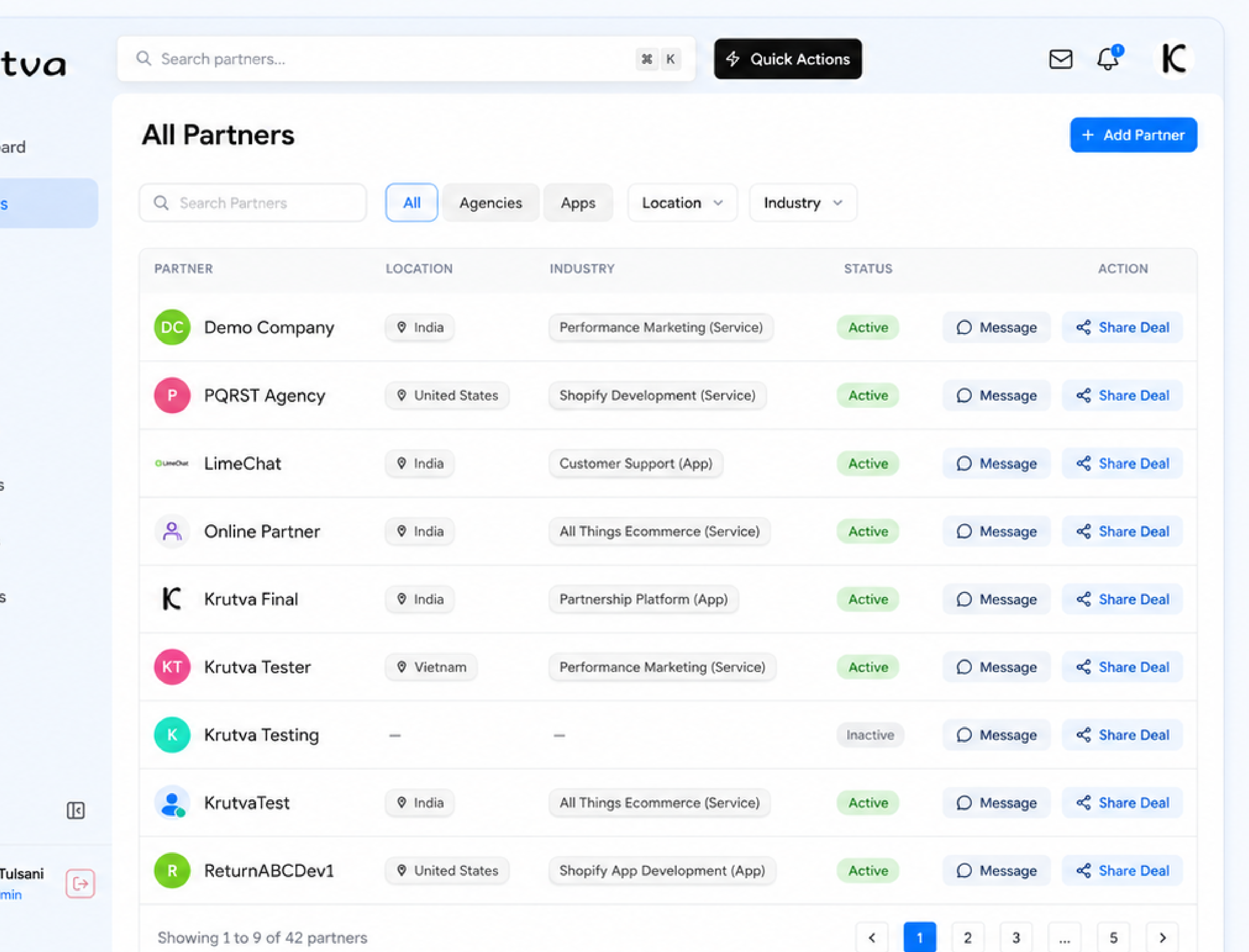 Krutva partner directory showing all partners, agencies, and apps