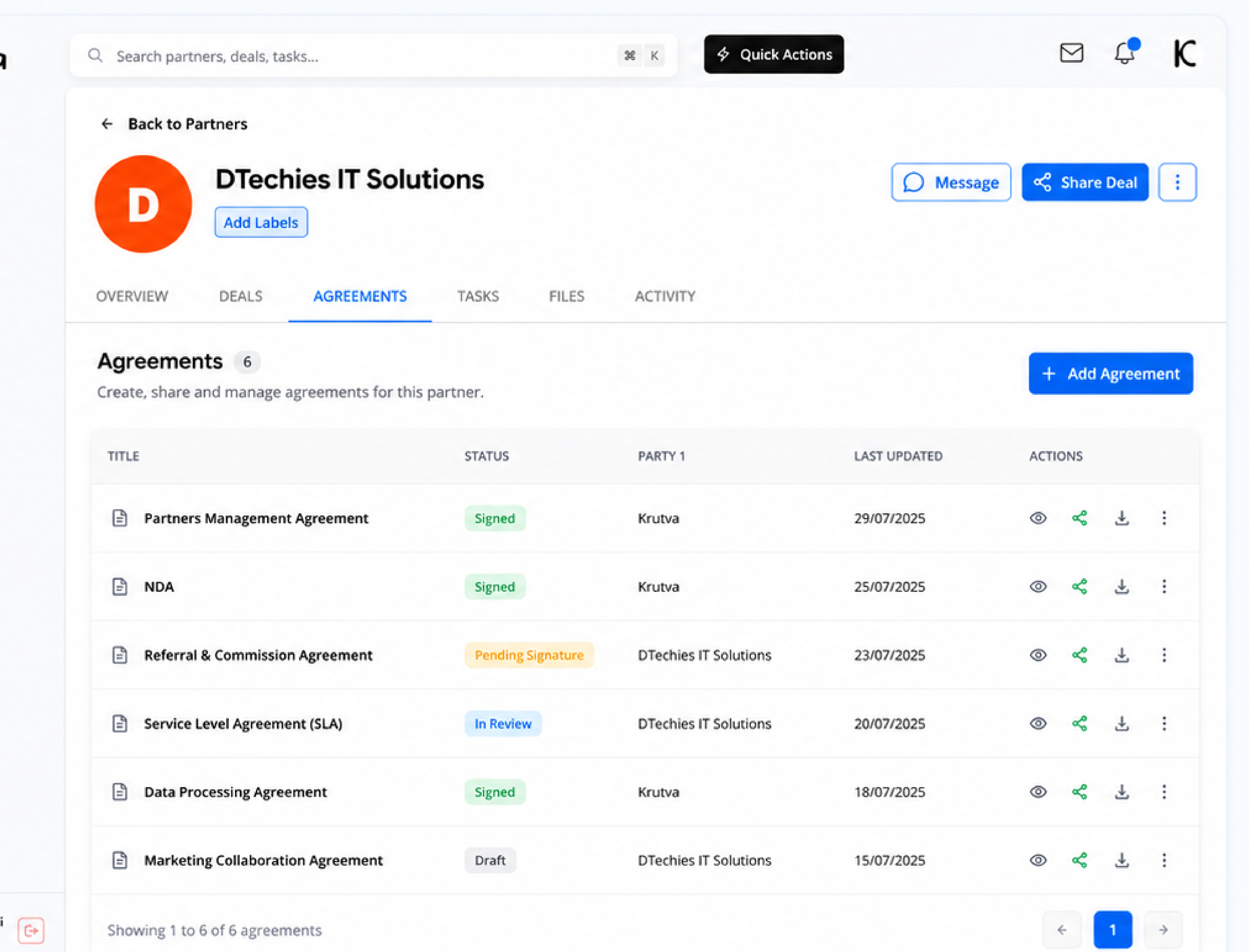 Krutva agreements list with e-signature status tracking