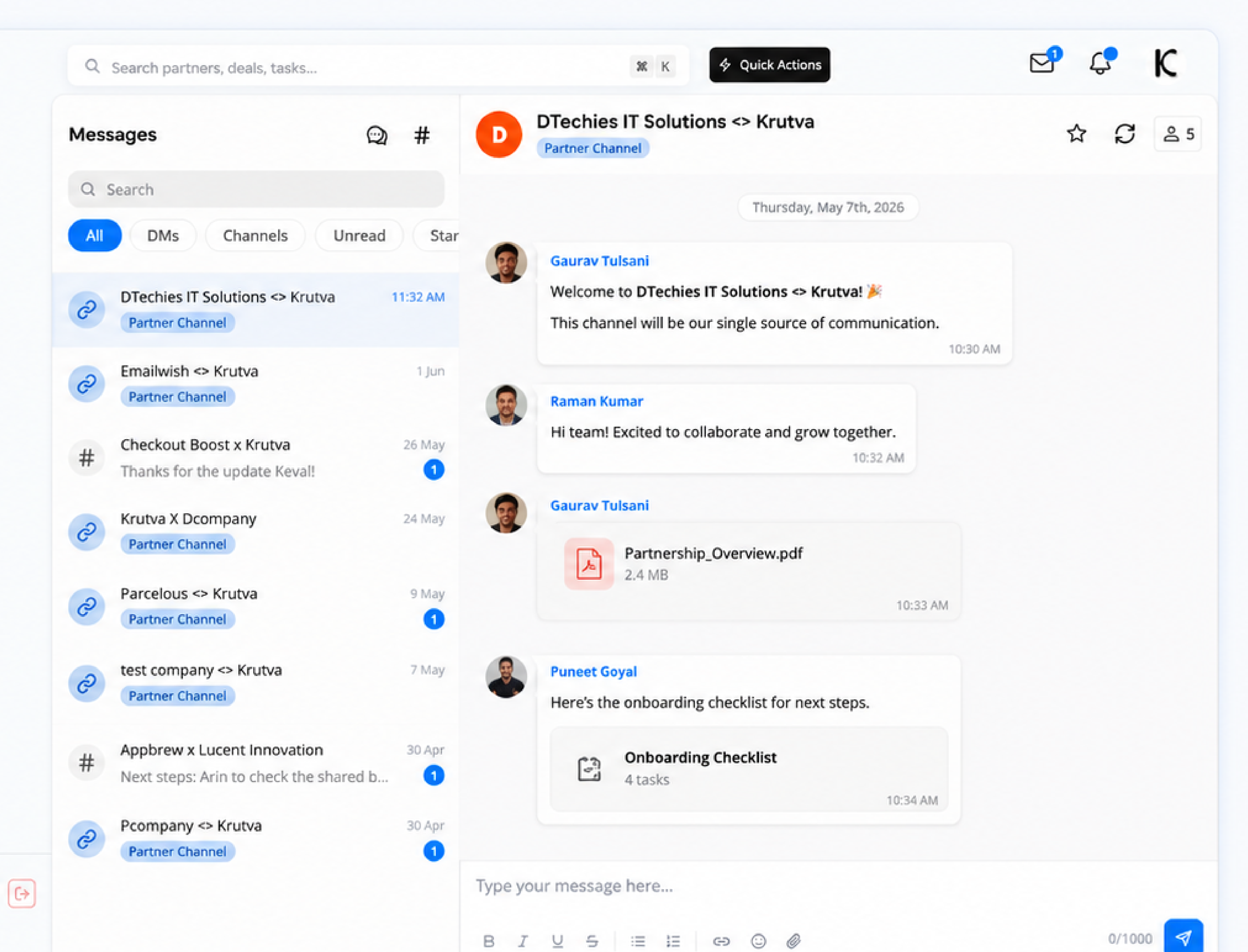 Krutva partner messaging and dedicated partner channels