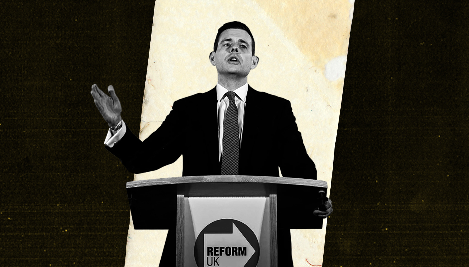 Political speaker at Reform UK podium giving passionate speech
