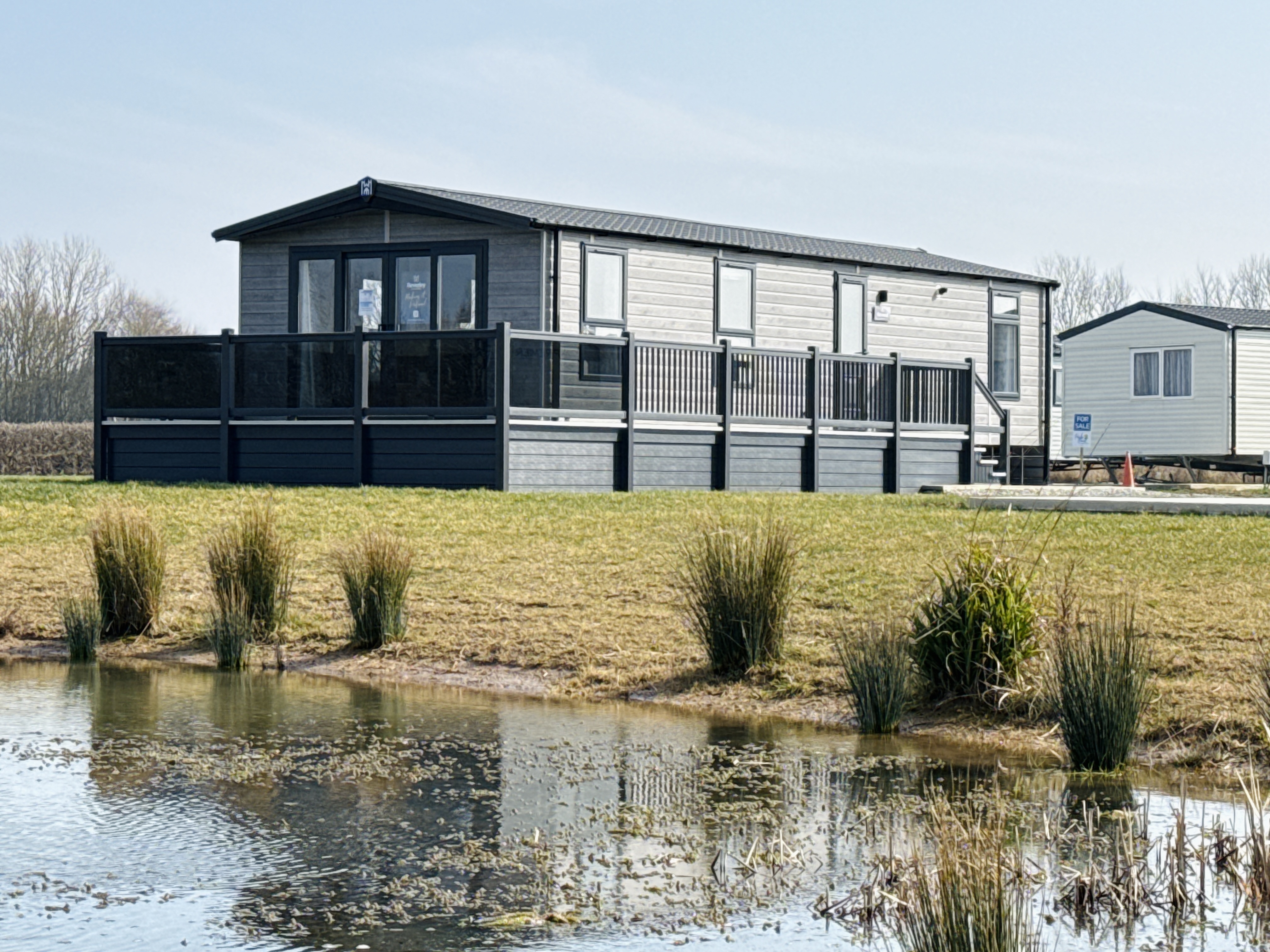 Modern holiday lodge by a pond with grassy shore and winter trees