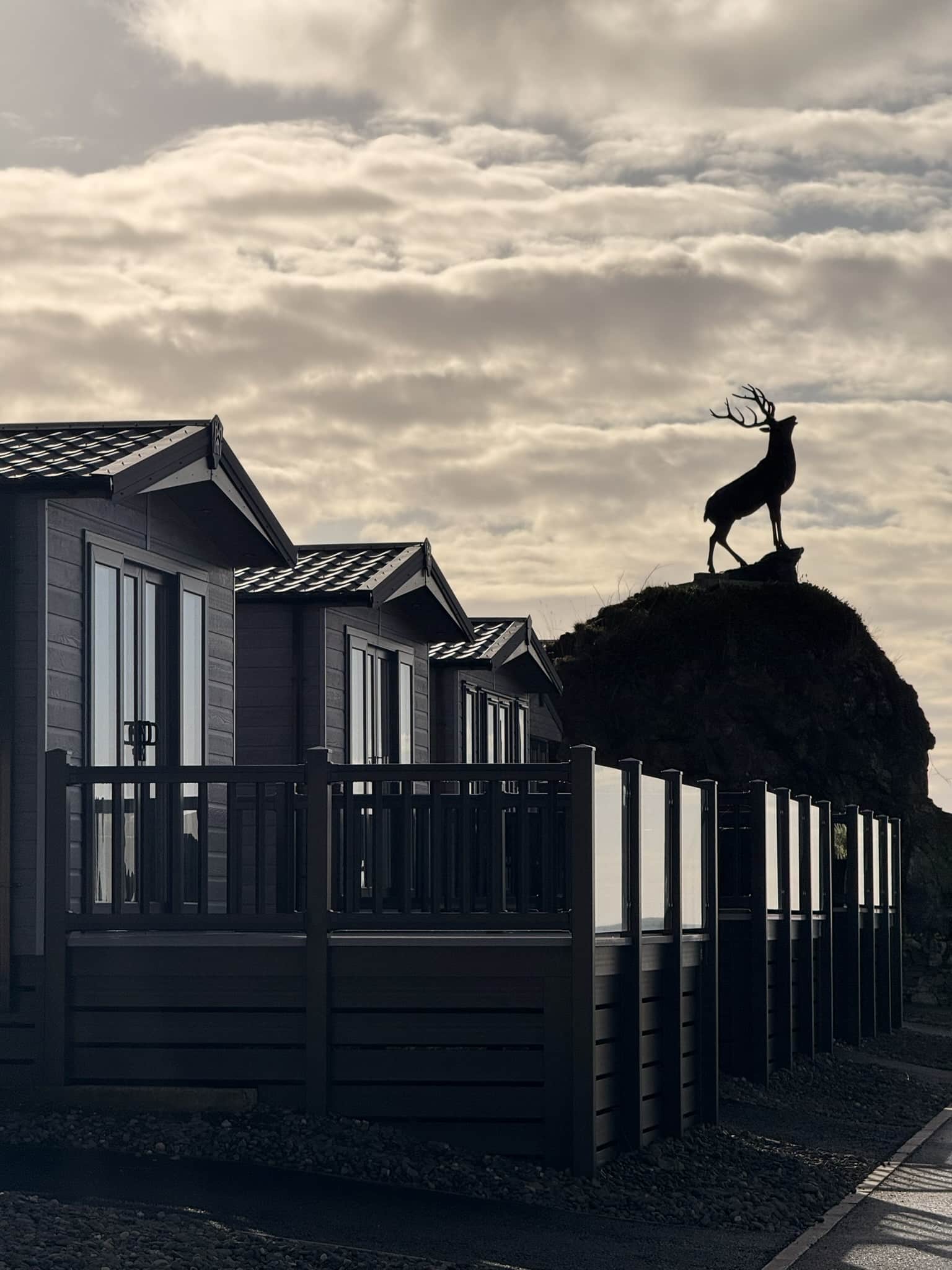 Deer silhouette stands on hill near beach cabins under cloudy sky