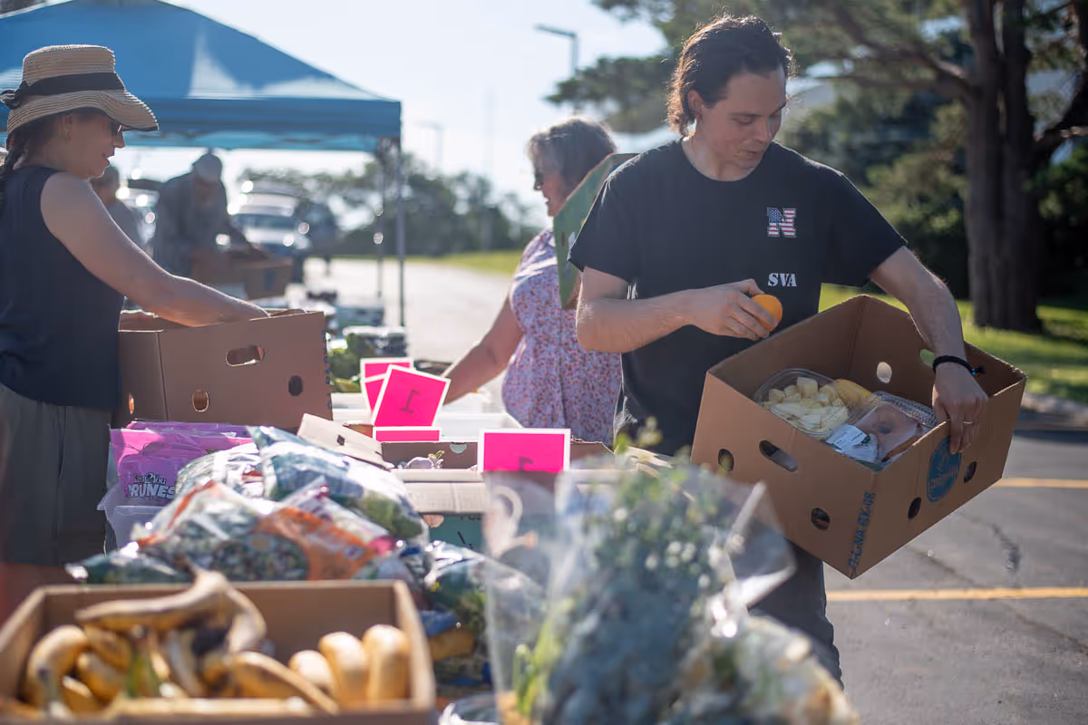 volunteers packing food into boxes