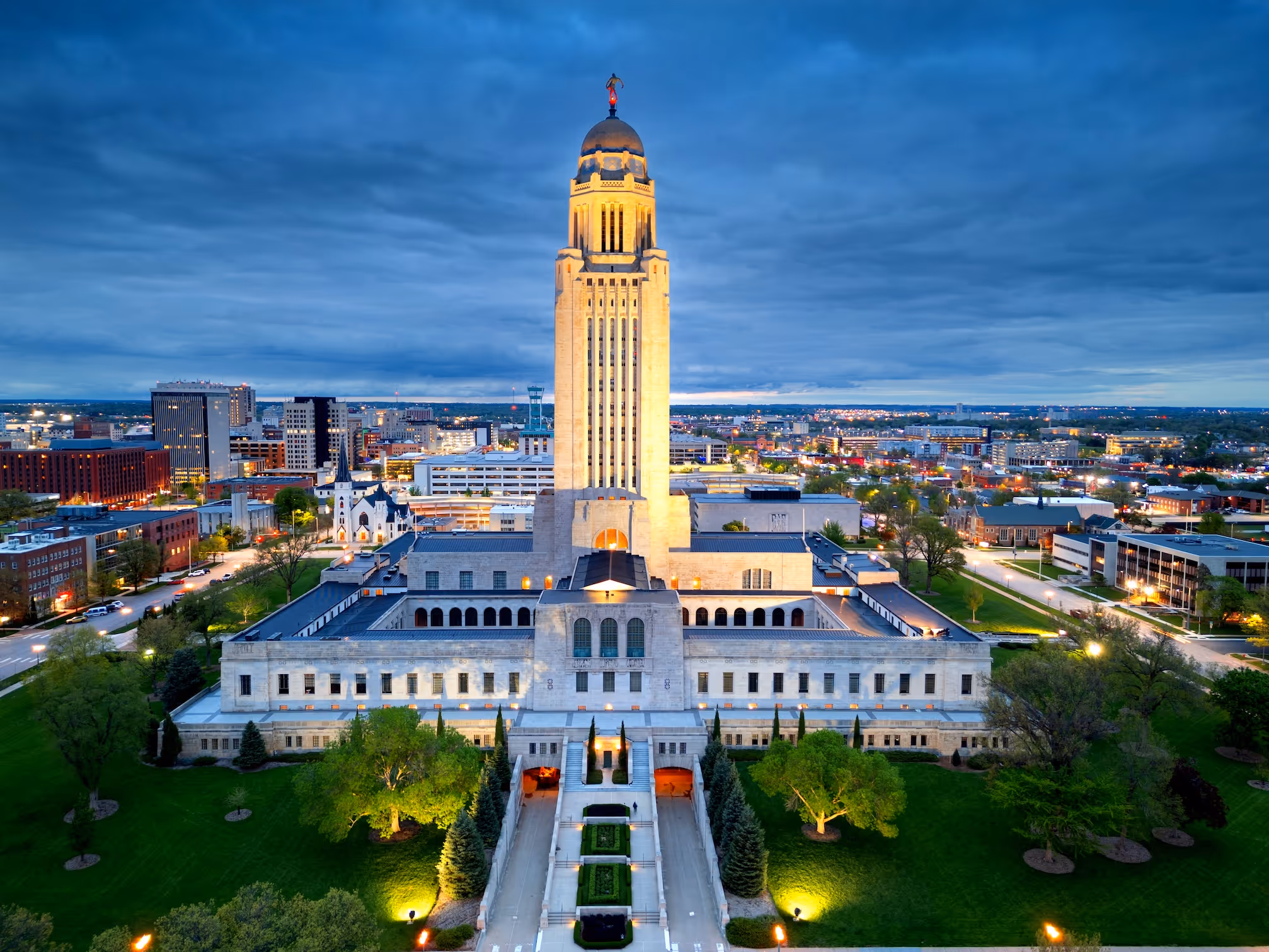 Lincoln Nebraska capital building at dusk