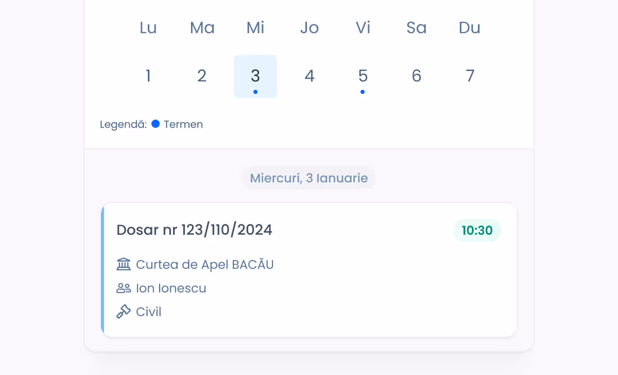 Funcția de calendar integrat din aplicația Caselib
