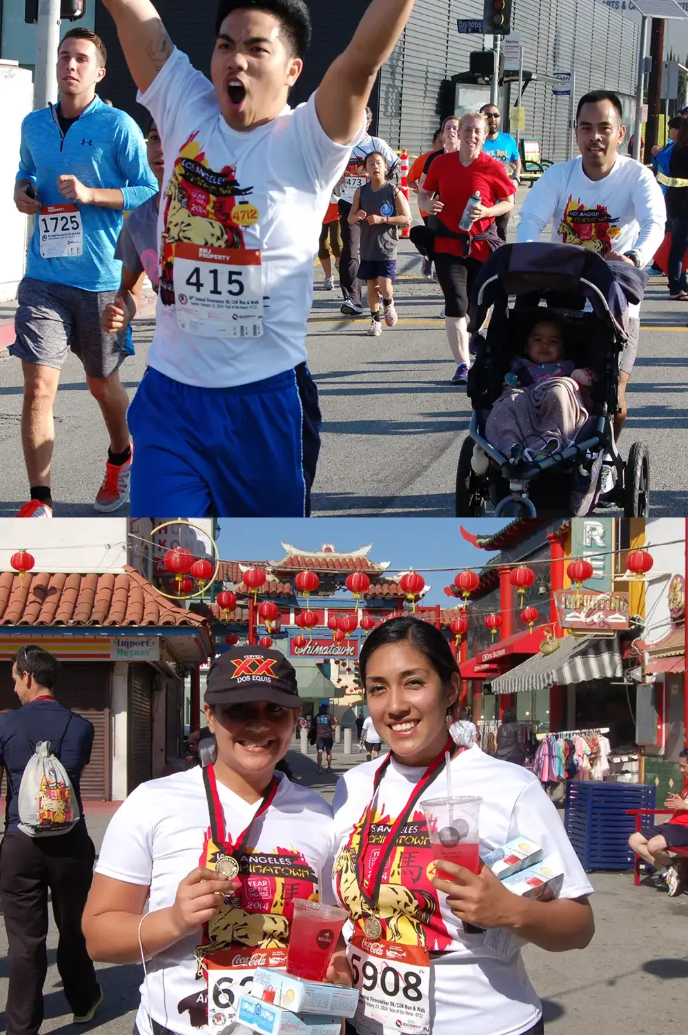 LA Chinatown Firecracker Run graphic designed by Loc Tran. Runners wearing race shirts with Loc's design on it.