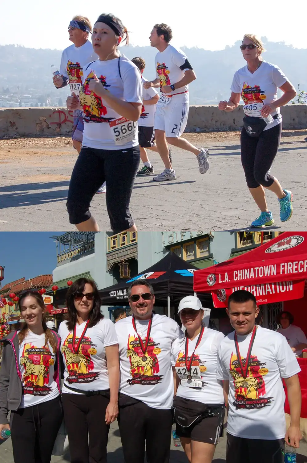 LA Chinatown Firecracker Run graphic designed by Loc Tran. Runners wearing race shirts with Loc's design on it.