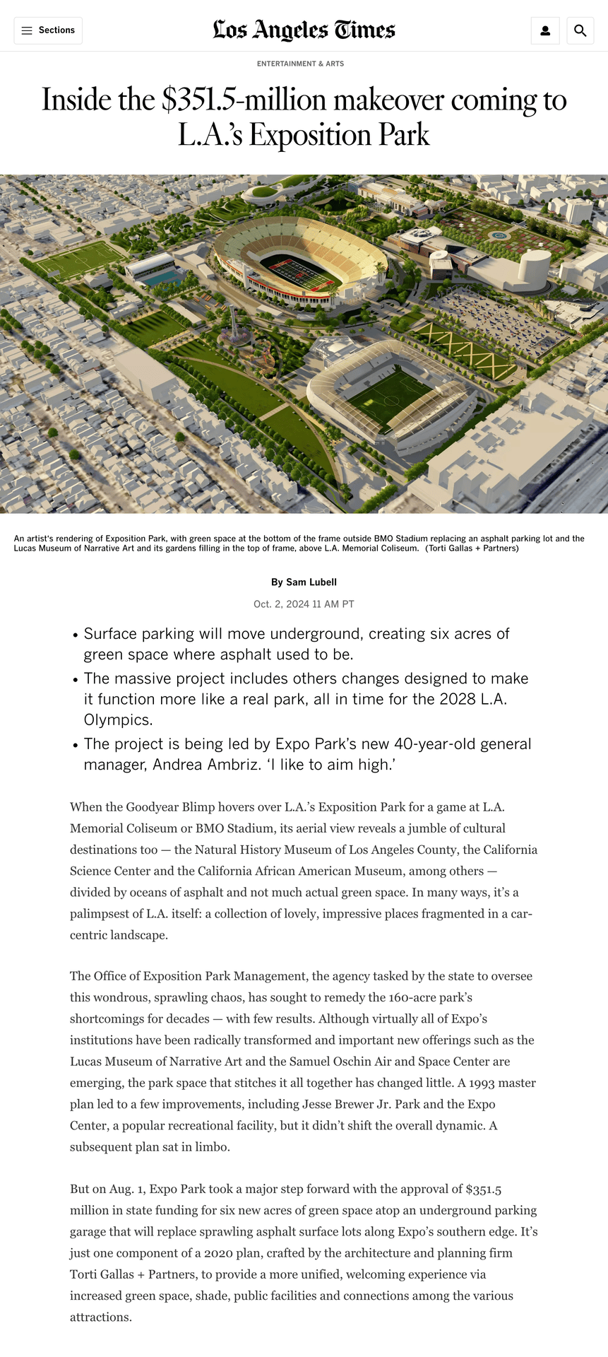 Screen shot of the LA Times article about the Exposition Park project