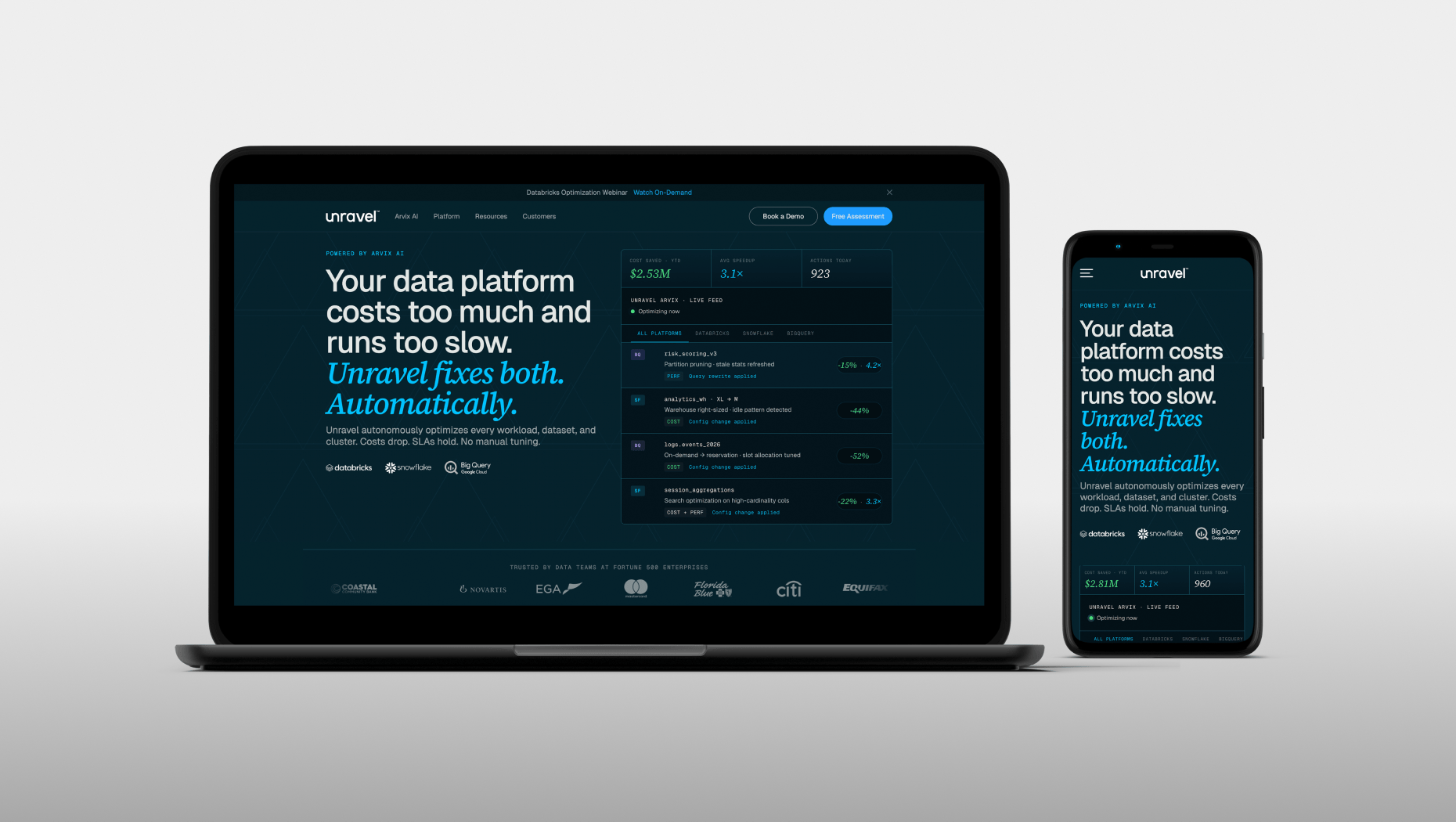 Responsive design showcase of Unravel’s Data Observability Platform displayed on laptop and mobile devices, highlighting consistency across screen sizes.