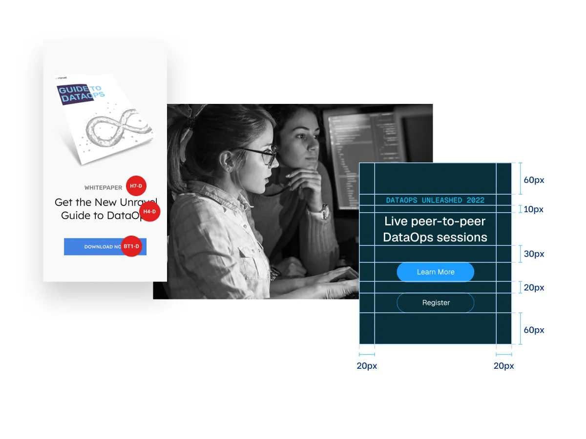 Design layout of individual content blocks featuring a whitepaper promo, developer collaboration photo, and event registration module with spacing measurements.