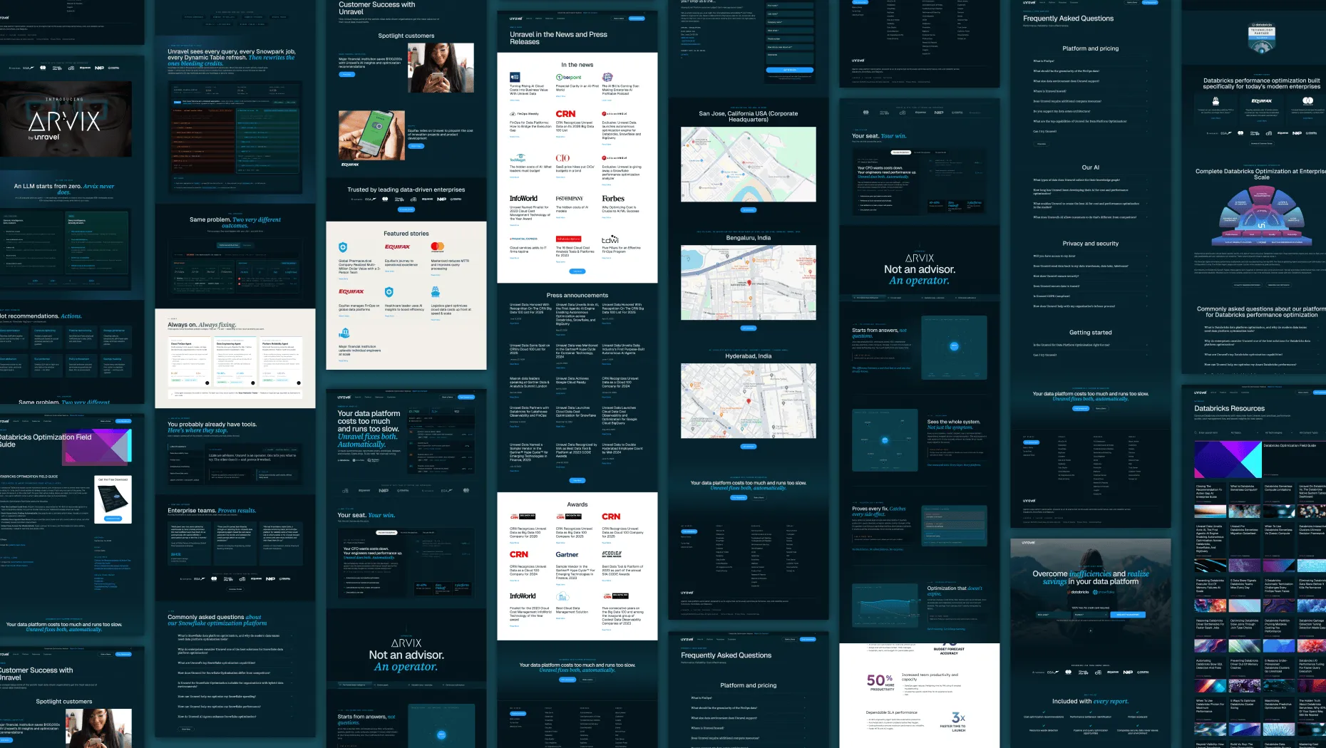 Collection of redesigned WordPress page templates showcasing modern layouts, feature sections, FAQs, testimonials, and location maps for multiple office sites.