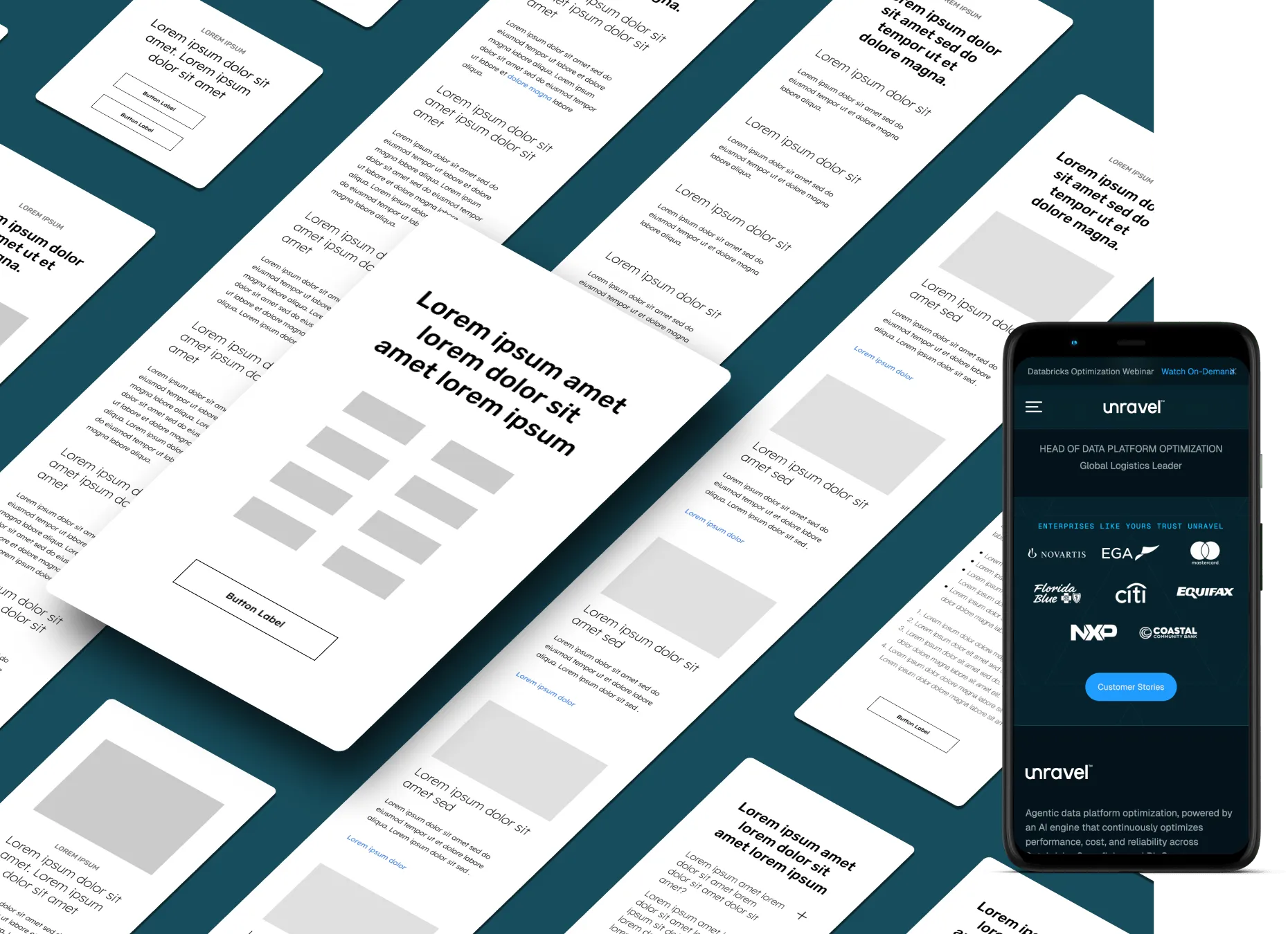 WordPress wireframe mockups for modular block system layouts, displayed with a mobile screen showing partner technology integrations including Airflow, Databricks, and Snowflake.
