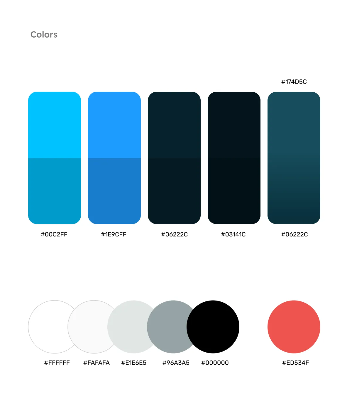 Expanded color palette showcasing primary, grayscale, accent, and gradient brand colors with hex codes for each shade.