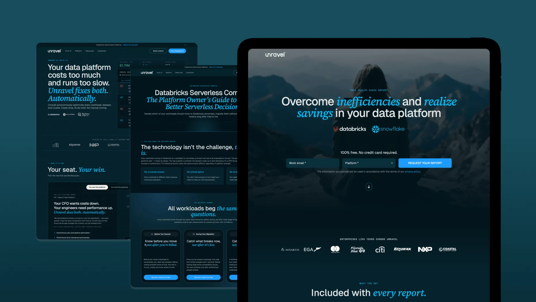 Optimized buyer journey mockups showcasing Unravel’s AI-powered data observability platform, FinOps landing page, and free account sign-up experience.