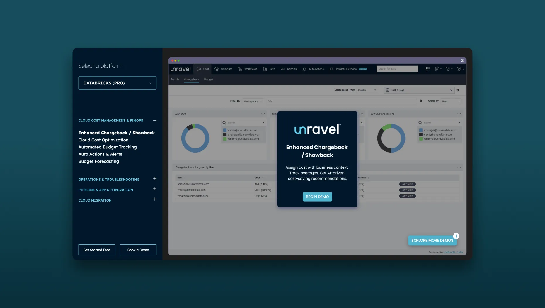 Screenshot of a self-guided product demo interface for Unravel, highlighting enhanced chargeback and showback features with AI-driven cost-saving insights for Databricks users.