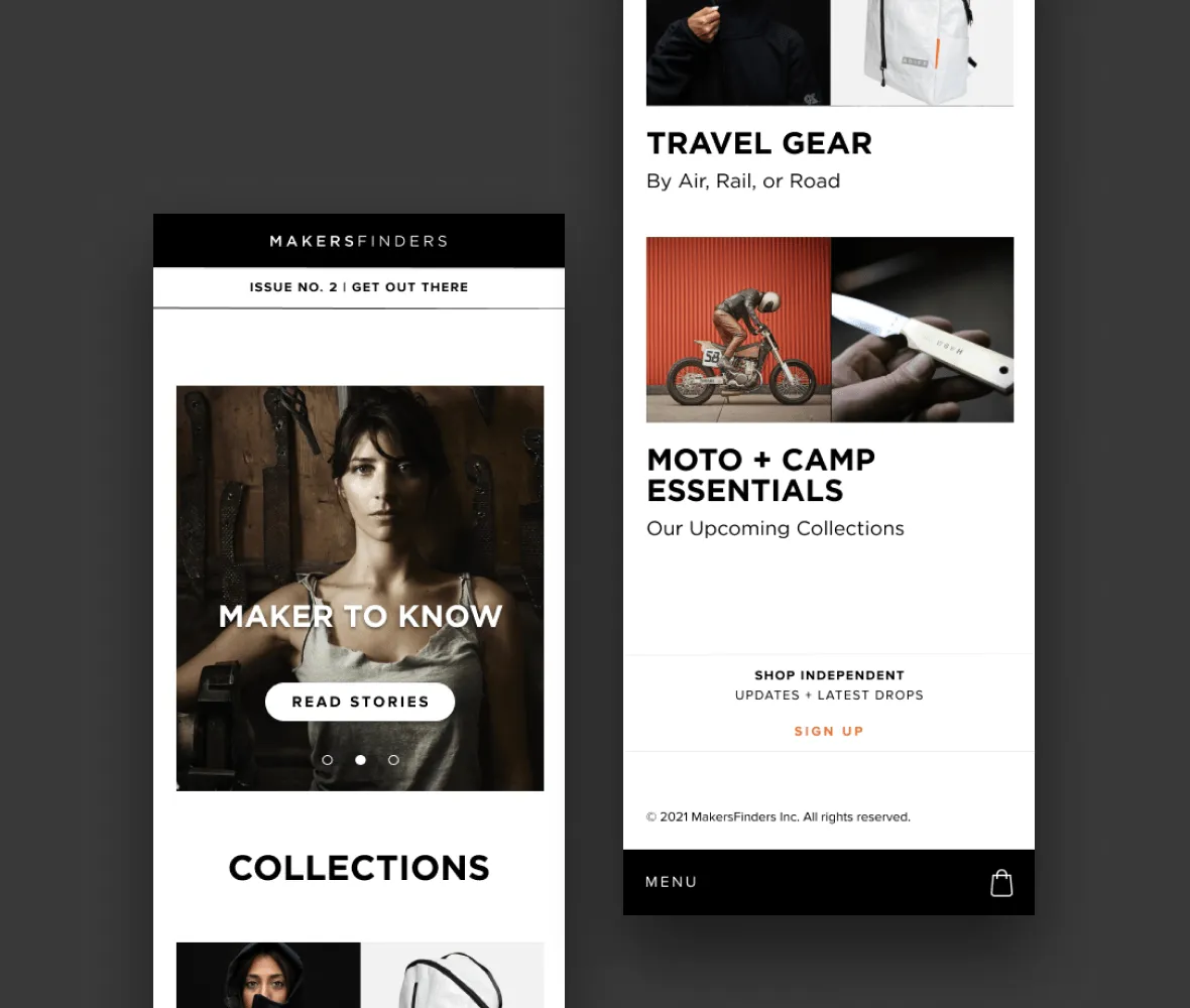 Mobile screens from MakersFinders site showing product collections and editorial features