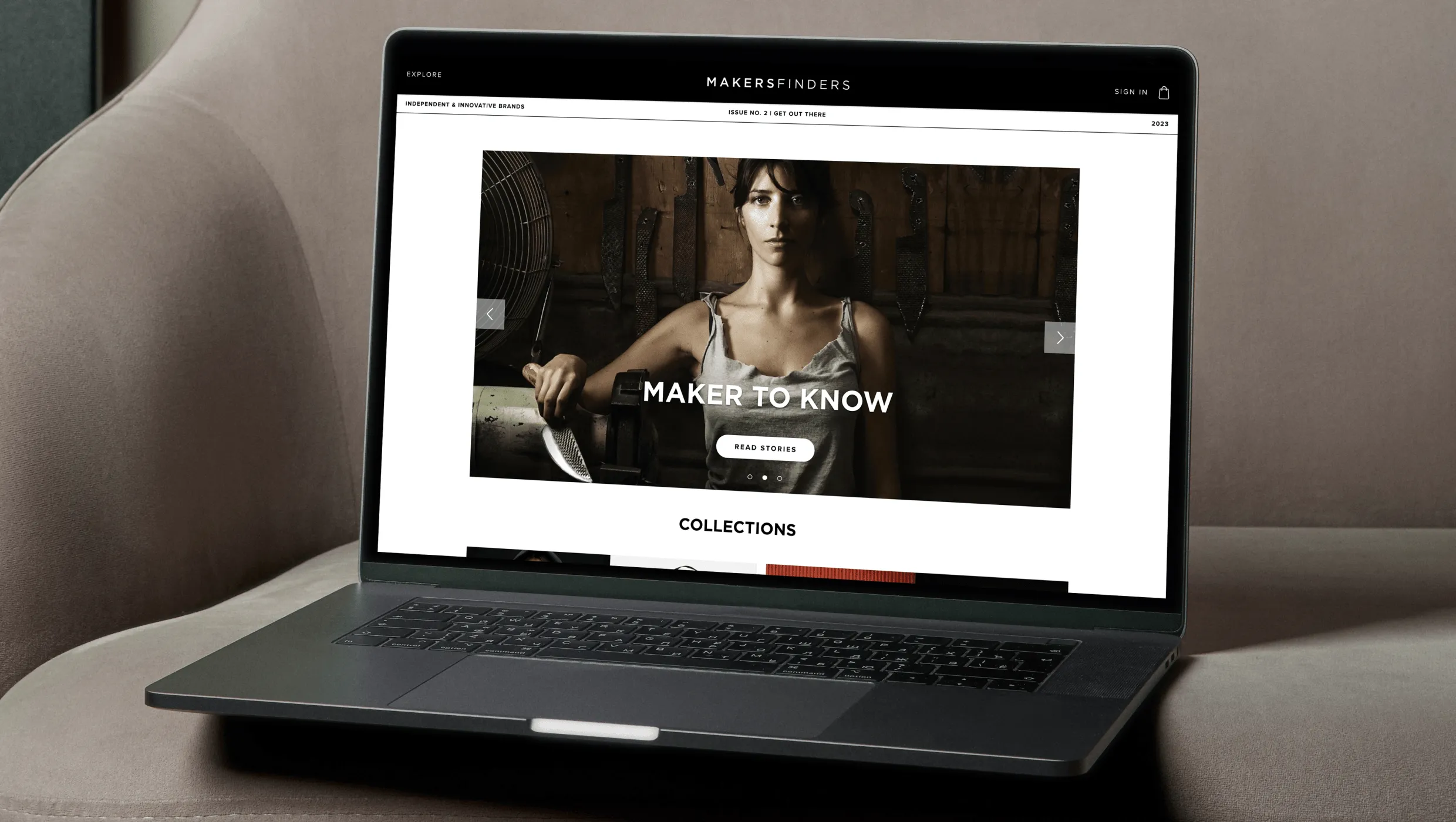 Laptop mockup displaying MakersFinders homepage with female artisan image